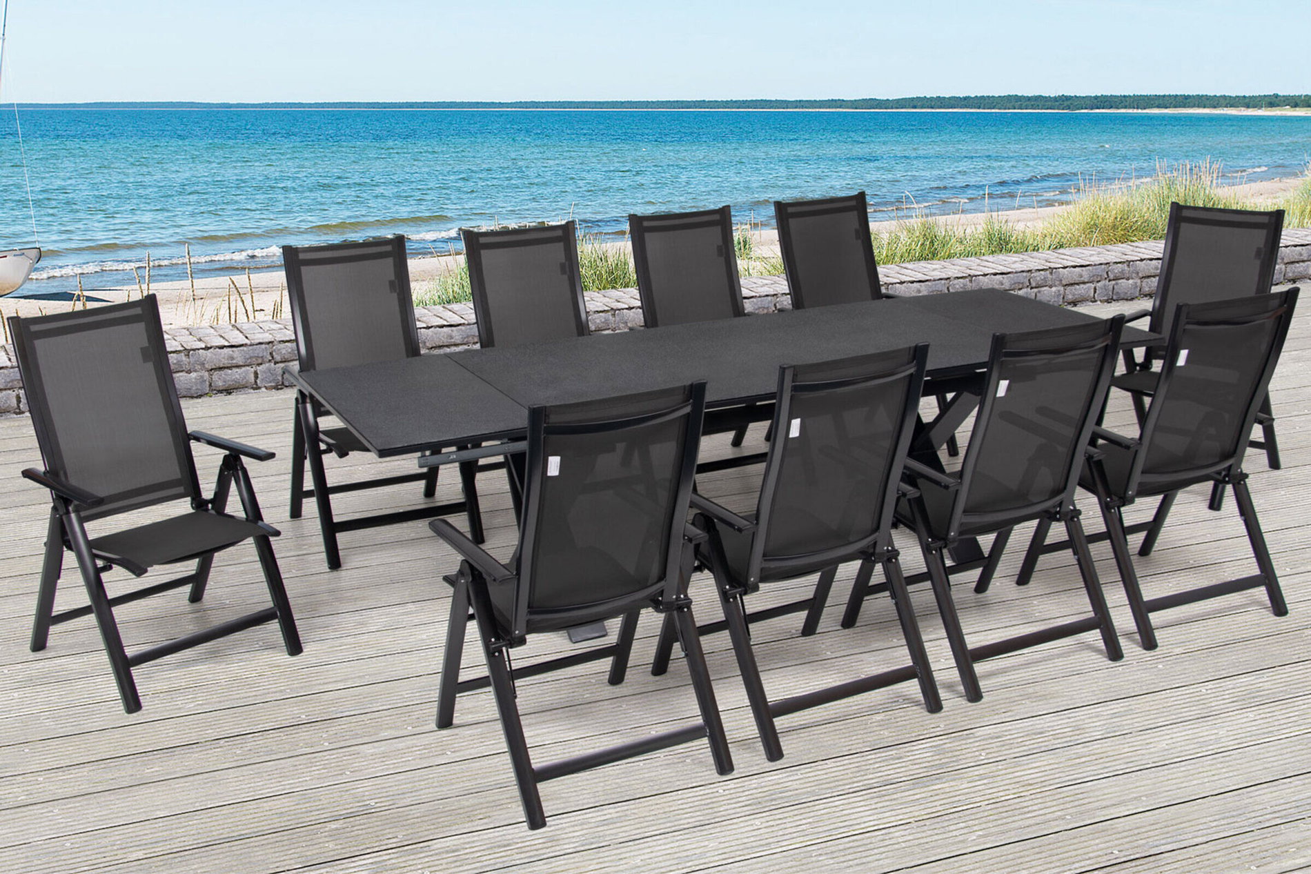 OUTFLEXX Conjunto de comedor de jardín, antracita, aluminio / cerámica / textil, 180/280x100cm, 10 sillas plegables 22231__1