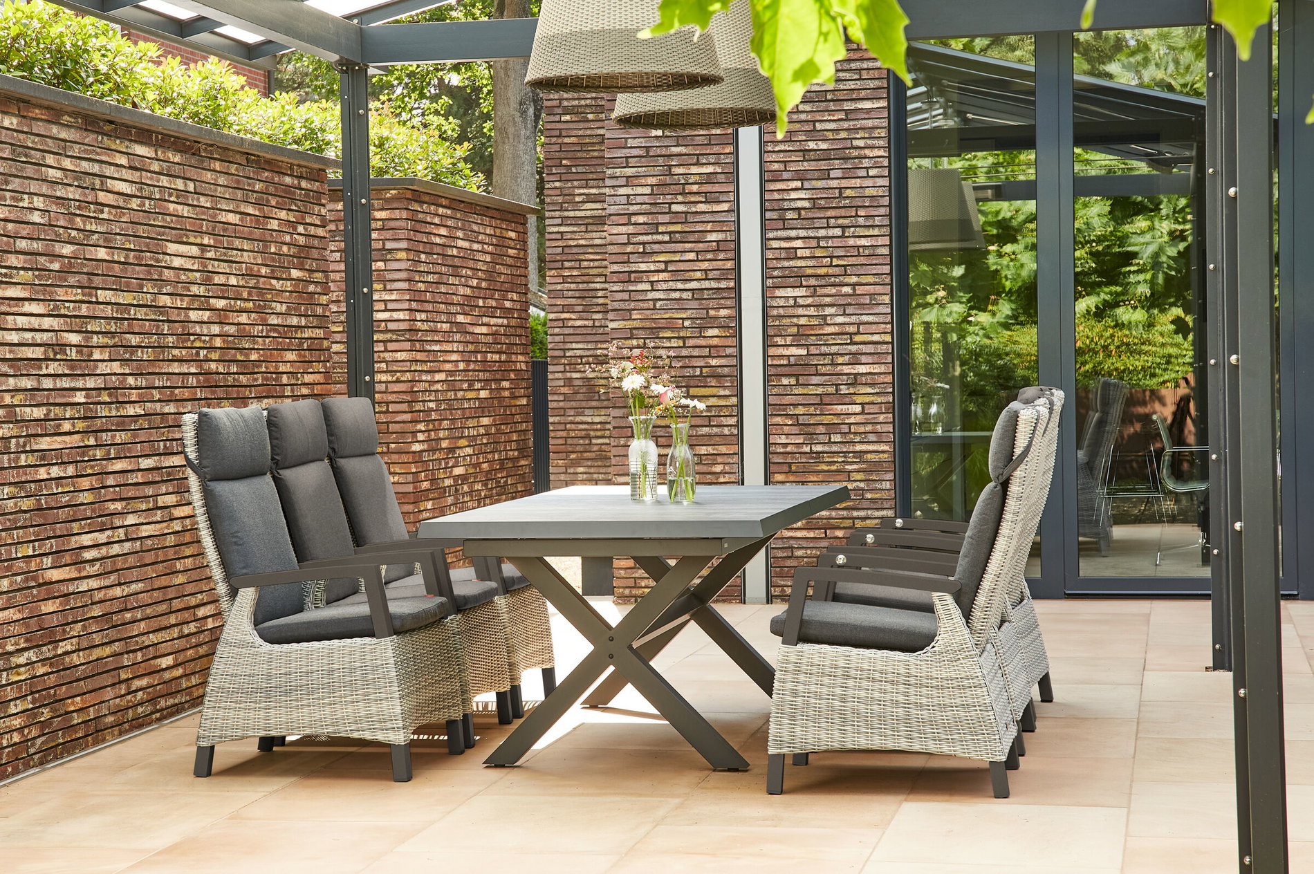SIENA GARDEN Messina/Corido Conjunto de comedor para jardín, antracita, Alu/Trenzado/Cerámica, 200-260 x 100 cm, incl. 6 sillones Dining 23807__1