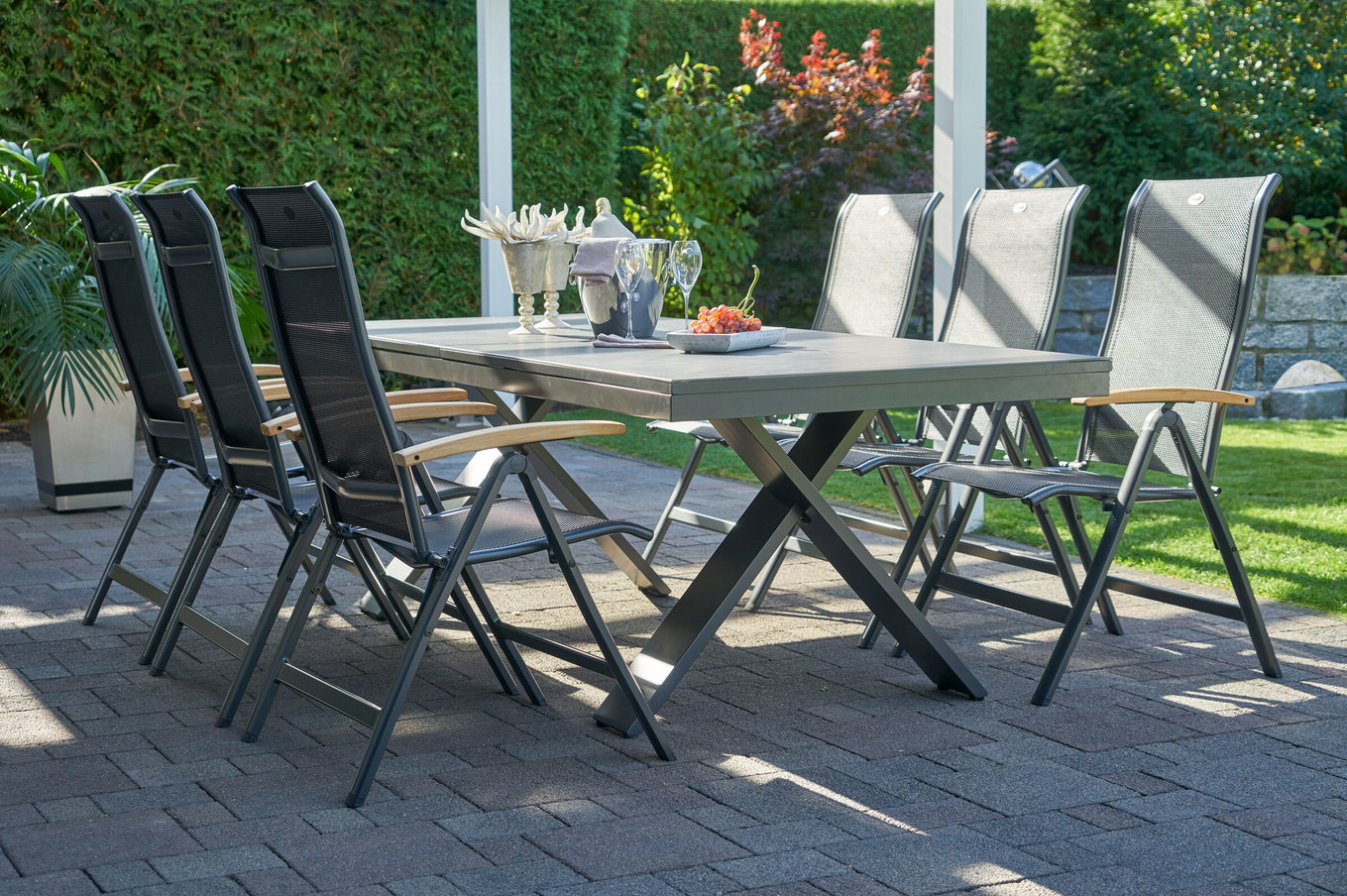 HARTMAN Modelo especial Xanadu / Alice Conjunto de comedor de jardín, xerix/negro, Alu/Vitrocerámica, 4x4 Textiles, 6 sillas plegables, 220/280x100cm 21103__1