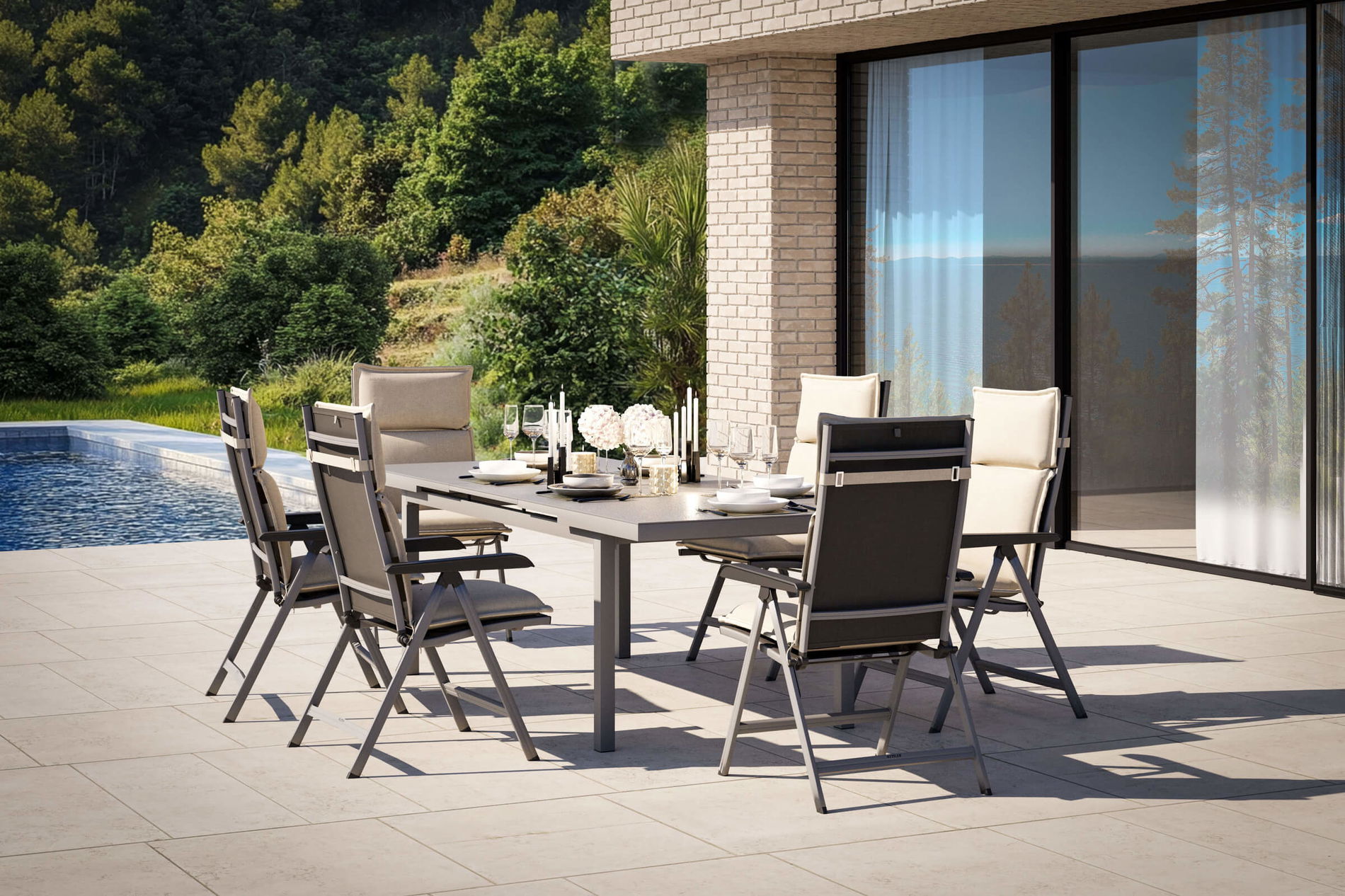 KETTLER Conjunto de comedor de jardín, plata/antracita, aluminio/textilene, mesa 180/240 x 100 cm, 6 sillas plegables, incluye cojines