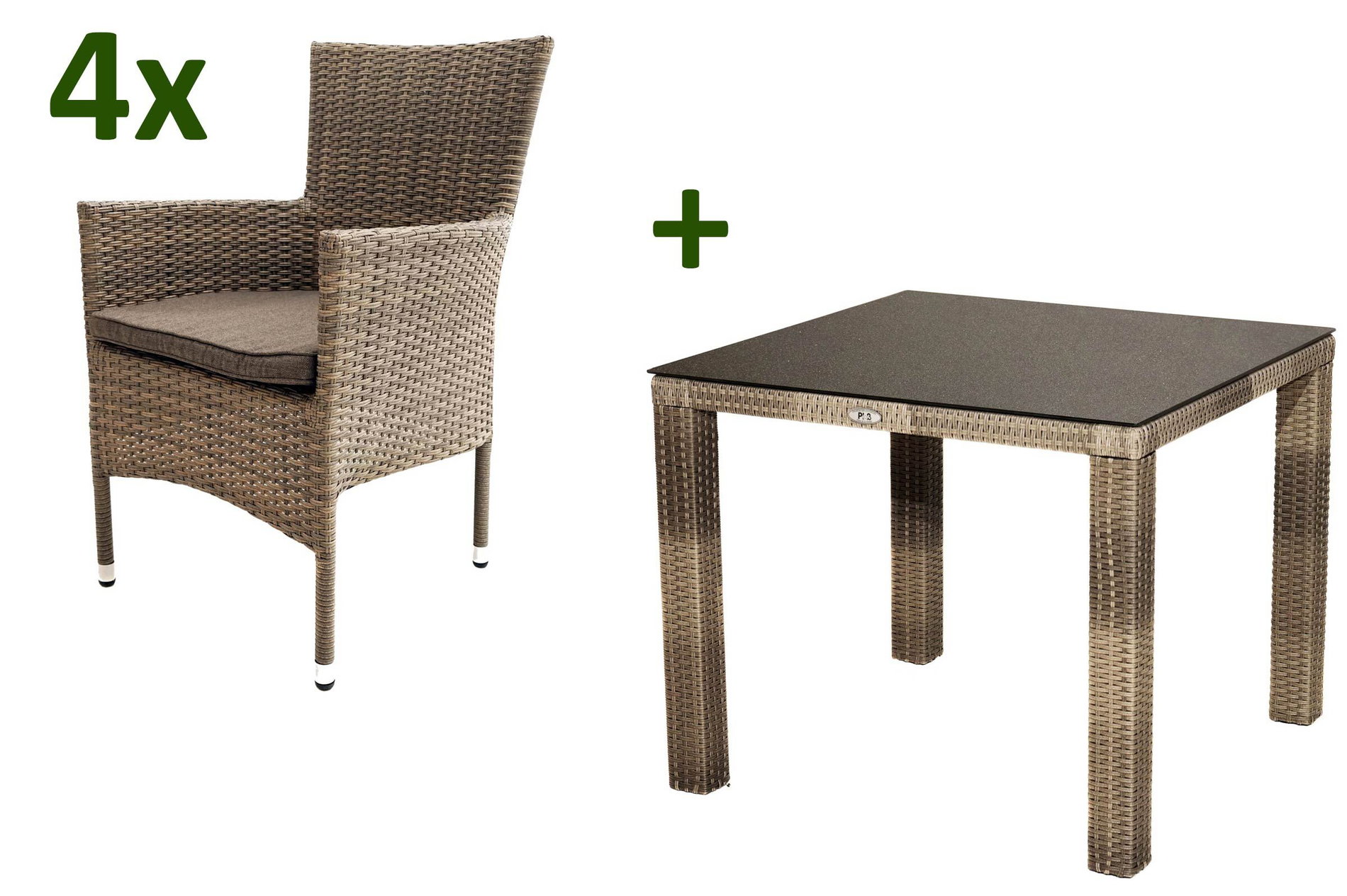 Ploß Rabida Garten-Essgruppe, champagner-meliert, Polyrattan, Tisch 90 x 90 cm, 4 Stapelsessel, Glasplatte in Steinoptik Ploß Rabida Garten-Essgruppe, champagner-meliert, Polyrattan, Tisch 90 x 90 cm, 4 Stapelsessel, Glasplatte in Steinoptik