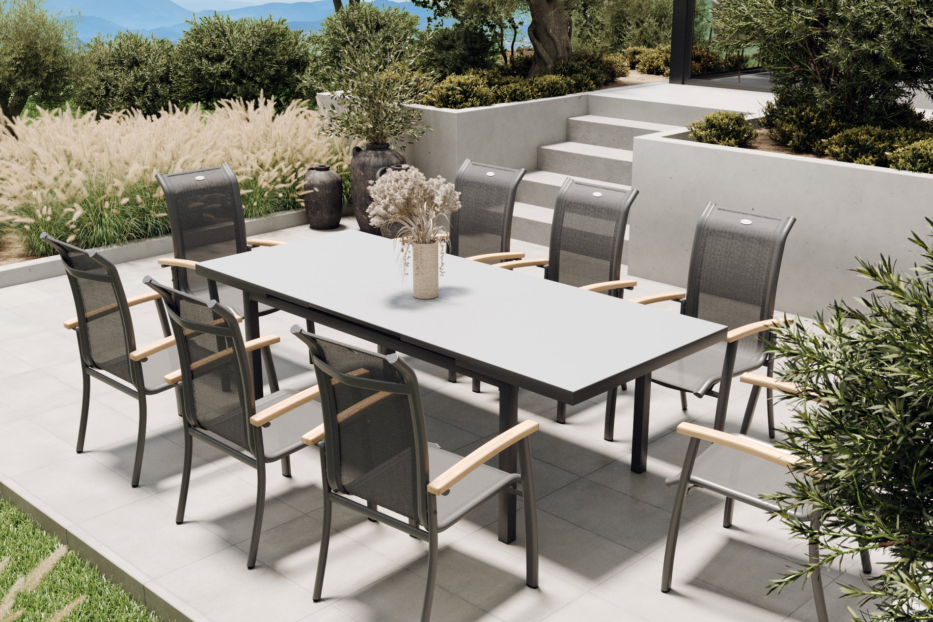 HARTMAN Alice Conjunto de comedor de jardín, xerix, Alu/4x4 Textilen, Mesa 180/240x100cm, 8 Sillas apilables 19328__1
