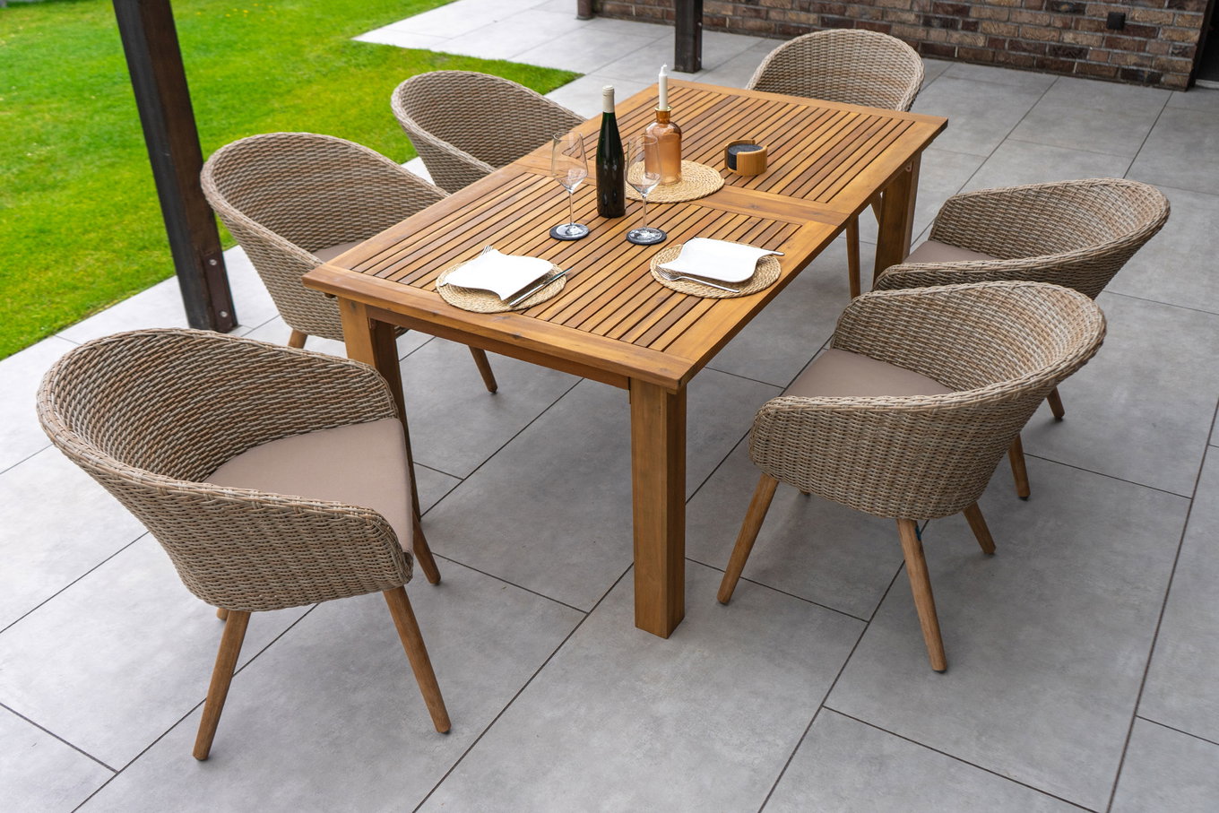 PLOß Borneo Conjunto de comedor de jardín, beige/natural, acacia/polirratán, mesa extensible 180/220/260 x 100 cm, 6 sillones, producto certificado FSC® 34542__1