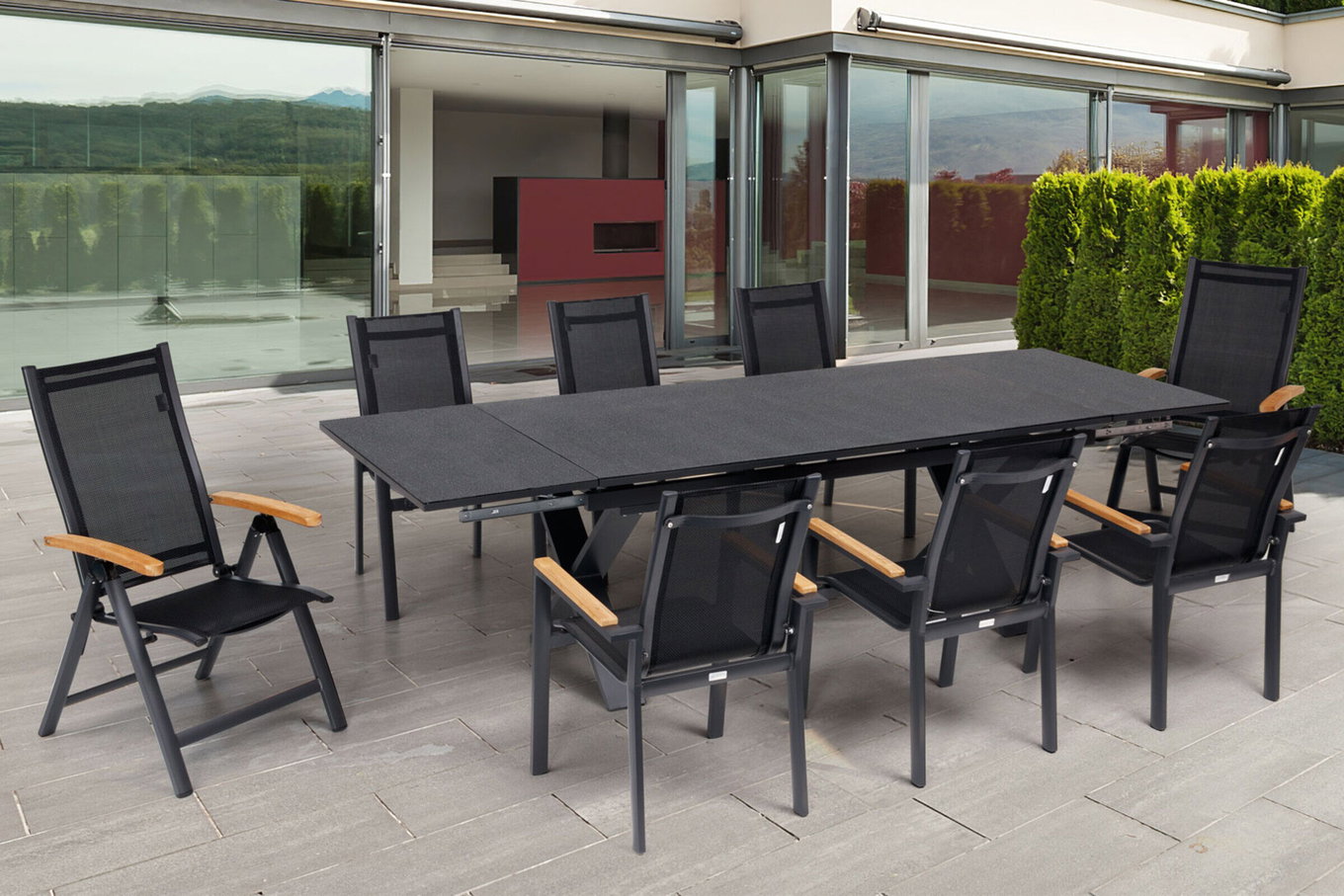 OUTFLEXX Conjunto de comedor de jardín, OUTFLEXX® antracita mate, Alu / Spraystone / Teca, Mesa 180/280 x 100 cm, 6 sillones apilables, 2 sillas plegables 22131__1
