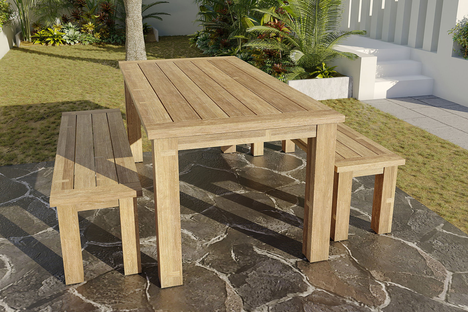OUTFLEXX Conjunto de comedor de jardín, mesa 200x100cm, 2 bancos 170x40cm, teca reciclada, grosor del tablero 30mm 14053__1