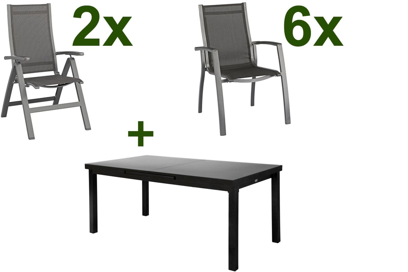 KETTLER Altura Conjunto de comedor de jardín, antracita, Alu/Textilene, mesa 180/240x100cm, 6 sillones apilables, 2 sillas plegables 19306__1