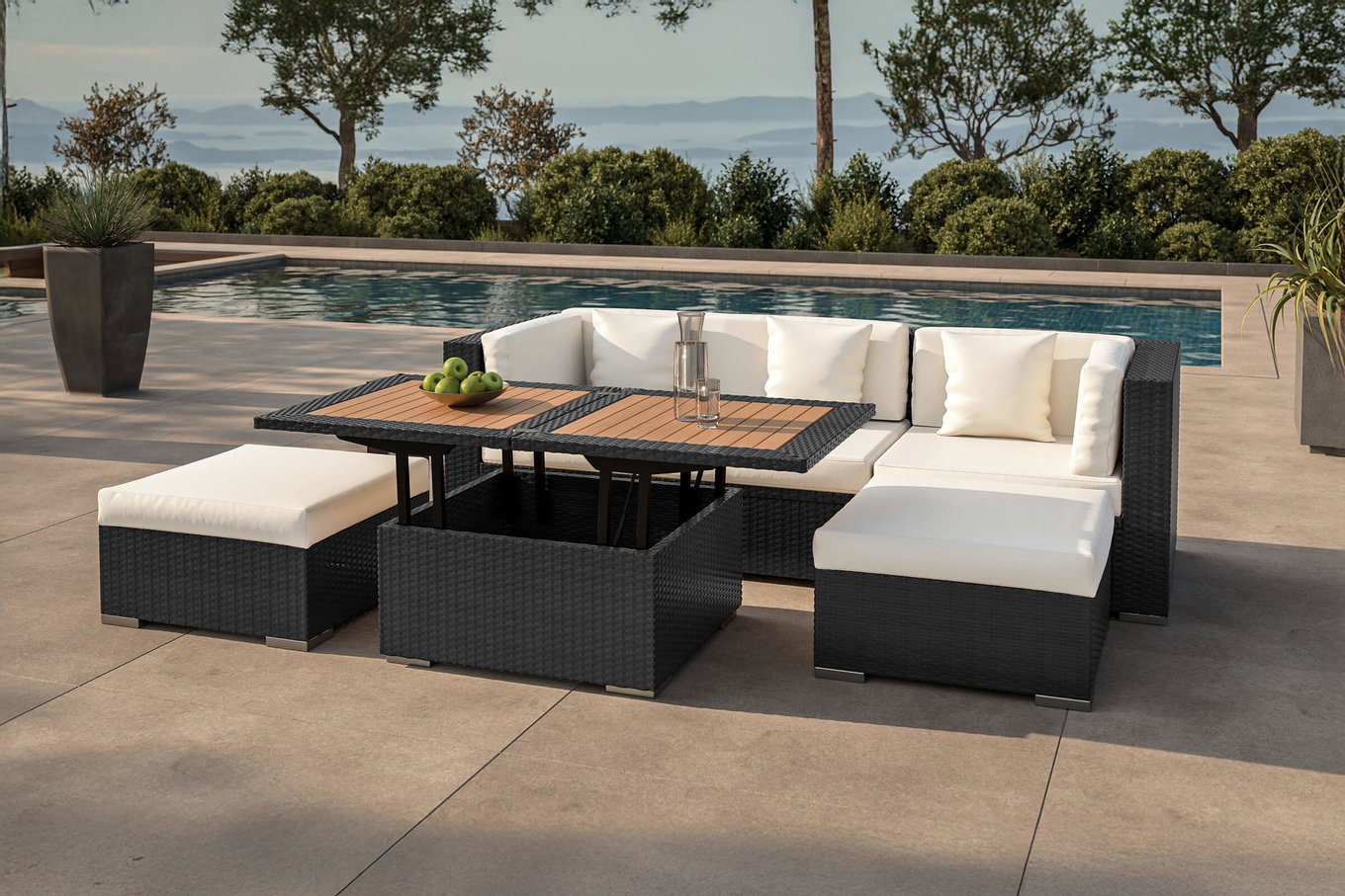 OUTFLEXX Lounge de jardín, crema/blanco, negro, polirratán, 5 personas, arcón para cojines impermeable, incl. mesa lounge 18226_BOX_D__1