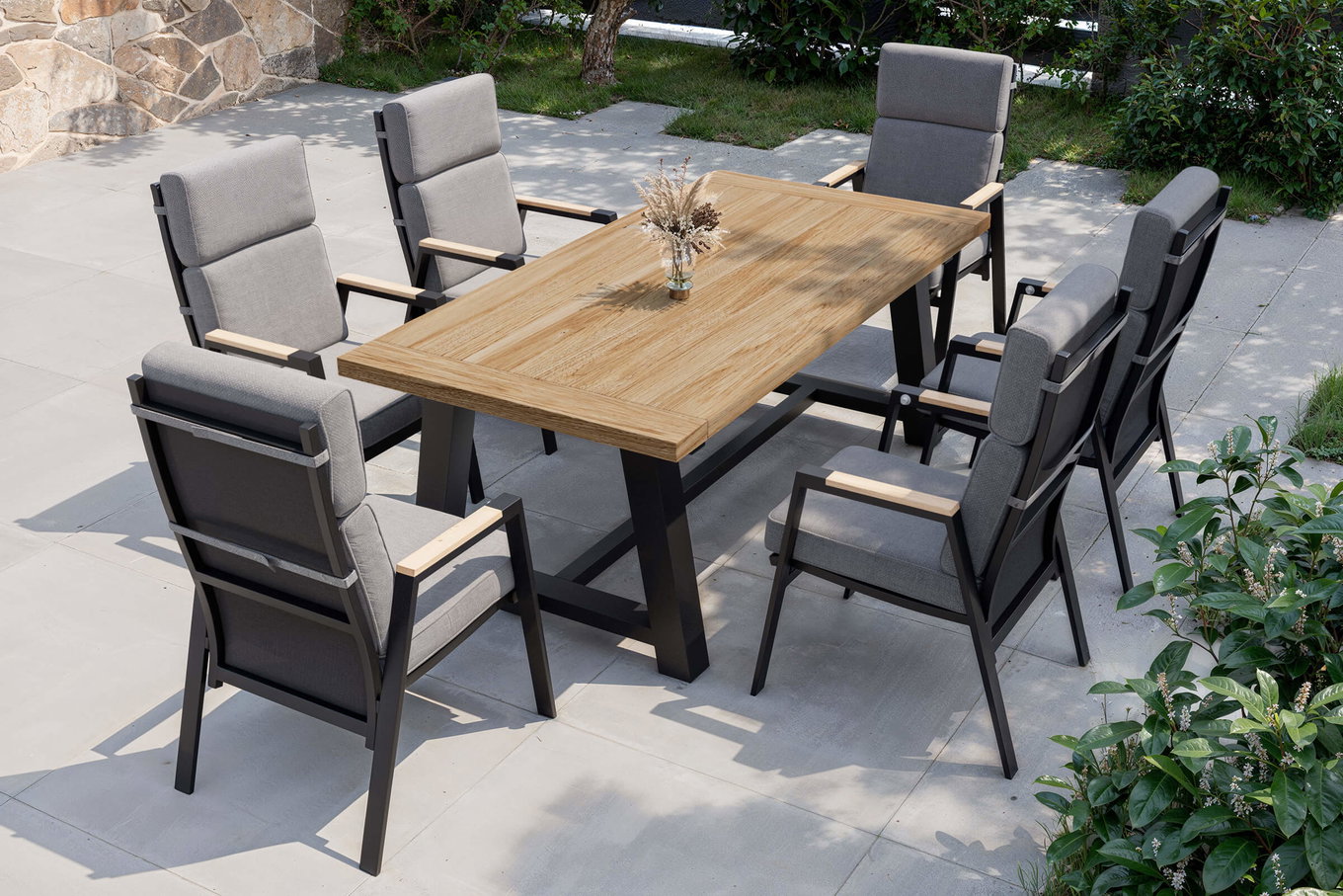 Conjunto de comedor de jardín OUTFLEXX Evora, antracita/natural, aluminio/teca/poliéster, 200 x 100 cm, producto con certificación FSC® 80945__1