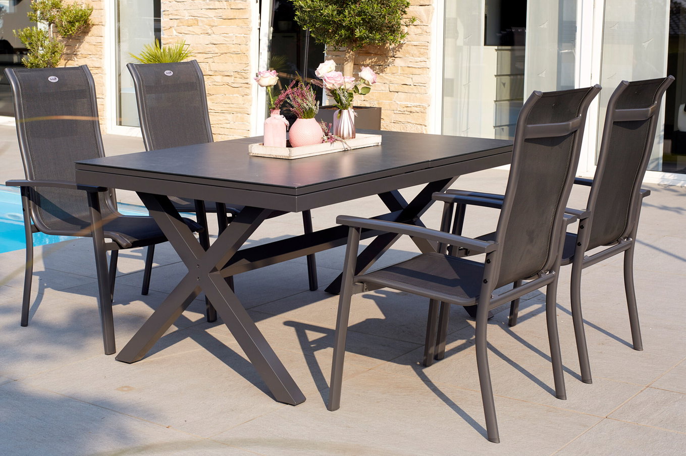 HARTMAN Xanadu / Alice Conjunto de comedor de jardín, xerix, Alu/Textilene/Vitrocerámica, 4 sillas apilables, 160/220x100cm 23257__1