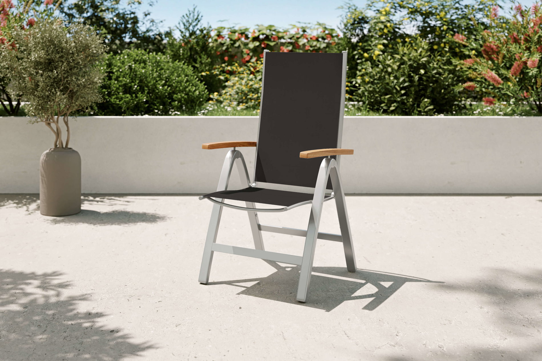 Silla plegable VILLANA Tasmania, plata, aluminio/textilene/eucalipto, ajustable, alta capacidad de carga, producto certificado FSC®