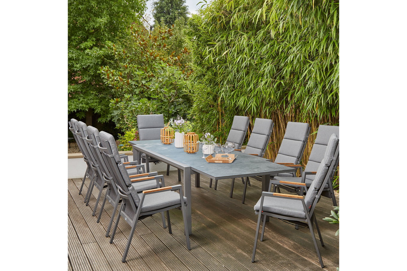 SIENA GARDEN Savona/Kingston Conjunto de comedor de jardín, grafito mate/gris/acabado pizarra, Alu/Teca/Cerámica/Texfabric, Mesa 220/340x108 cm, 10 sillas apilables 22049__1