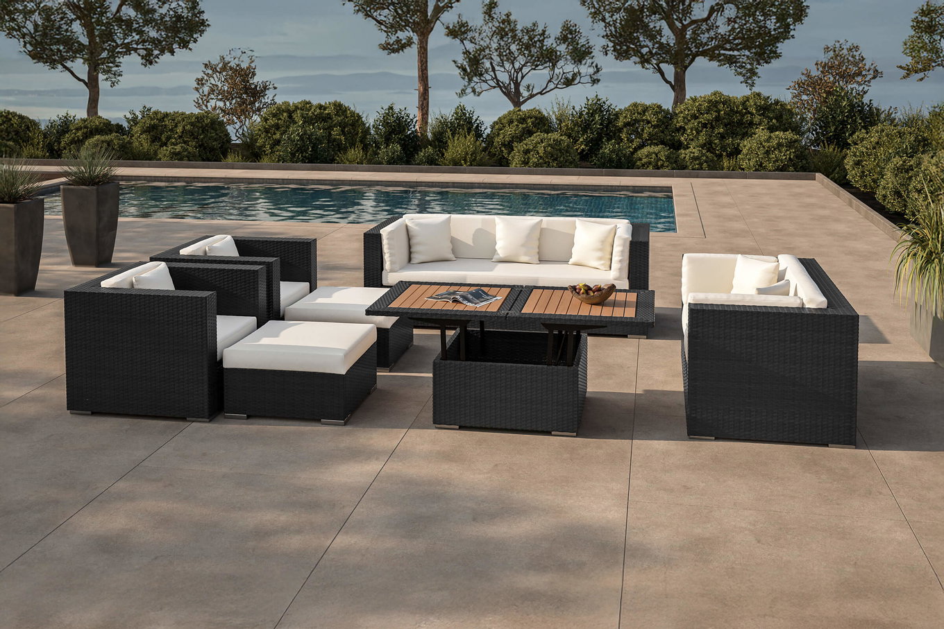 OUTFLEXX salón de jardín, crema/blanco, negro, polirratán, para 9 personas, incl. mesa lounge, arcón impermeable para cojines 1716_BOX_D__1