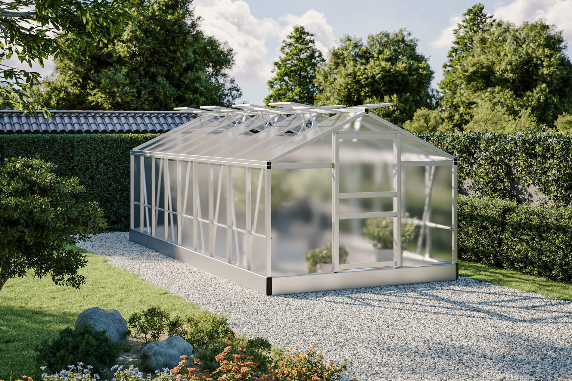 Invernadero OUTFLEXX Flora, plateado, aluminio, 550 x 250 x 210 cm, robusto, resistente a la corrosión, resistente a la intemperie, tejado a dos aguas