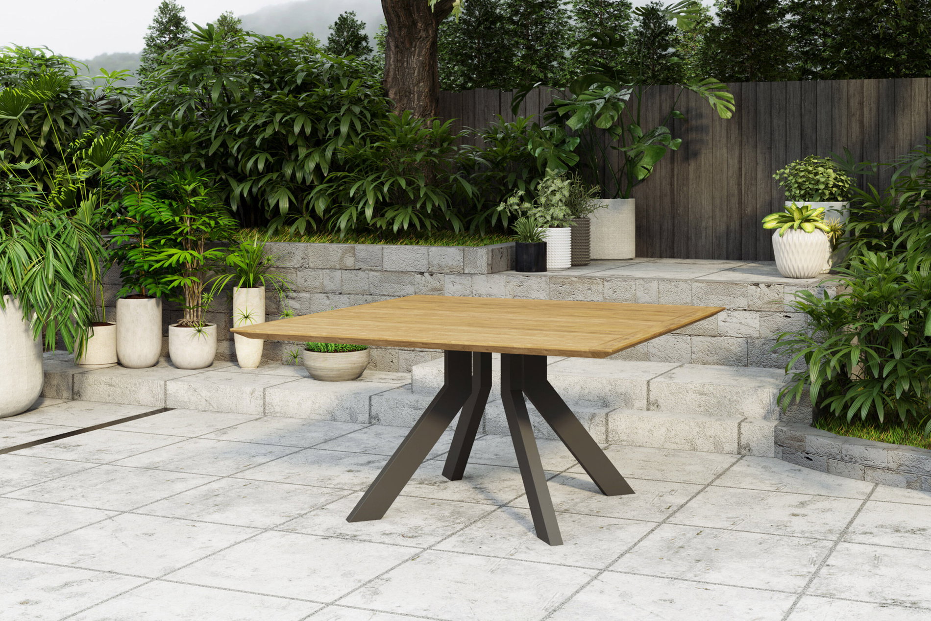 OUTFLEXX Motavi Mesa de comedor, antracita/natural, Alu/teca reciclada, 150 x 150 cm, cepillado rústico, producto certificado FSC®