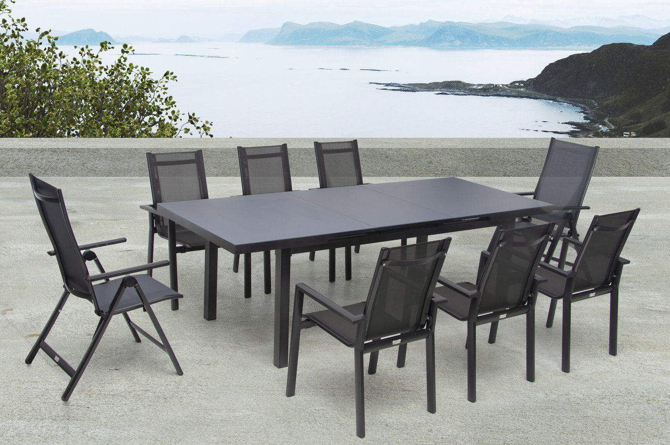 OUTFLEXX Premium Conjunto de comedor de jardín, antracita/gris, Alu/Textilene, mesa extensible 180/240 x 100 cm, 6 sillones apilables, 2 sillas plegables 21442__1