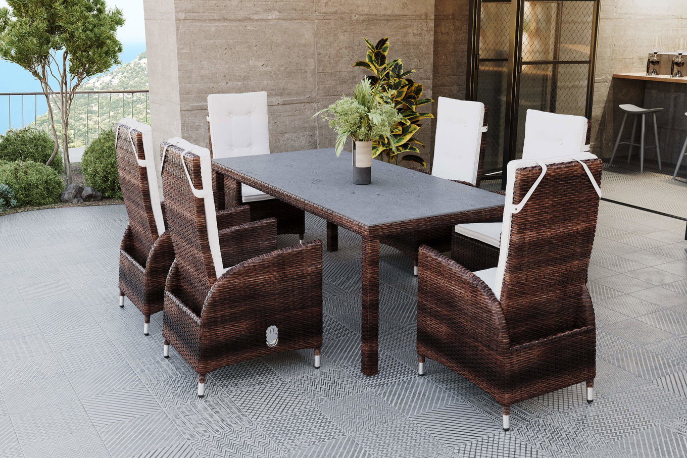 OUTFLEXX Conjunto de comedor para jardín, marrón jaspeado, polirratán, mesa 180x100cm, Spraystone, 6mm, 6 sillones Dining, regulables 20666__1