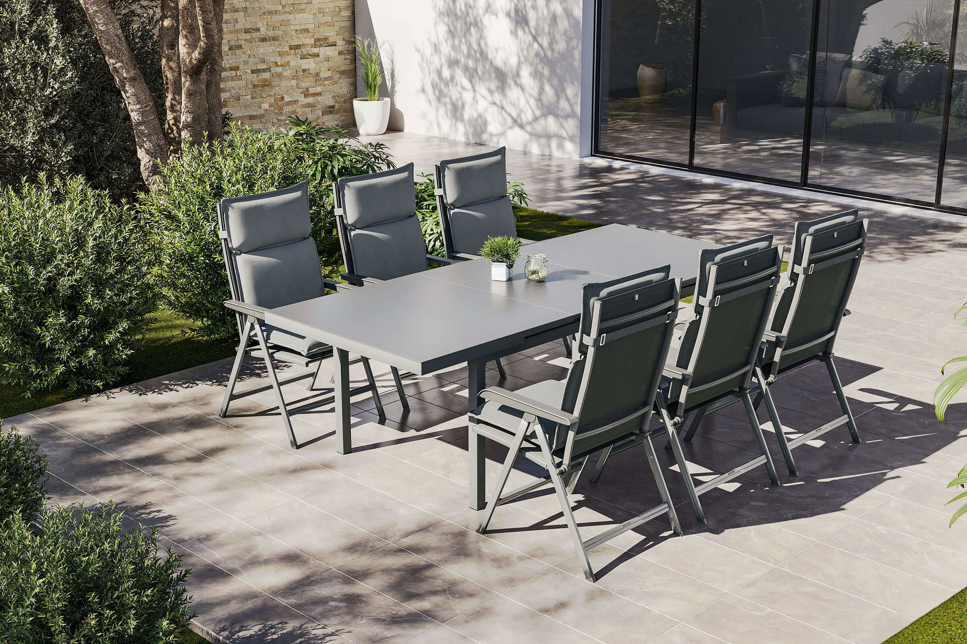 Conjunto de comedor de jardín KETTLER, plateado/antracita, aluminio/textileno, mesa 180/240 x 100 cm, 6 sillas plegables, incluye cojines