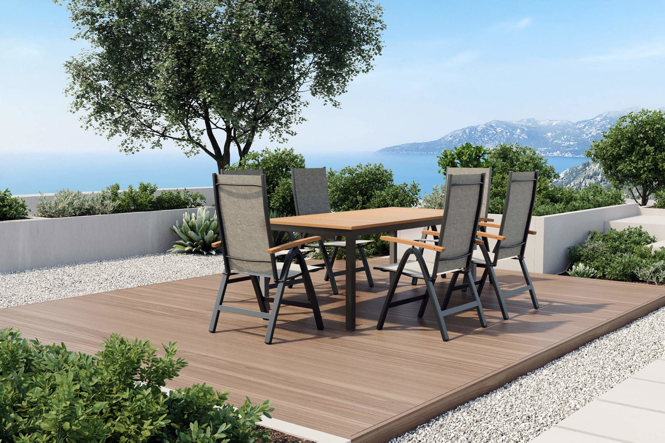 Conjunto de comedor de jardín VILLANA, antracita/natural, aluminio/eucalipto/tejido textil, mesa de comedor 180 x 90 cm, 6 sillas plegables, producto certificado FSC® 80563__1
