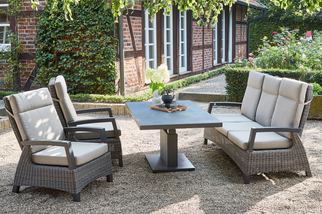 SIENA GARDEN Corido/Bellani Gris Lounge de jardín, charcoal/antracita/gris, Alu/Trenzado Gardino®, Mesa elevable 160x90cm, 1x Sofá de 3 plazas, 2x Sillón lounge 22117__1