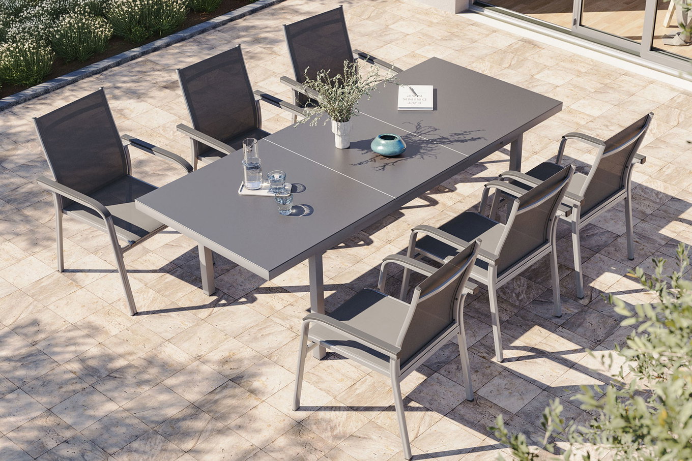 KETTLER BasicPlus Conjunto de Comedor de Jardín, plata, Alu/Textilene, Mesa 180/240x100cm, 6 Sillas Apilables 19309__1