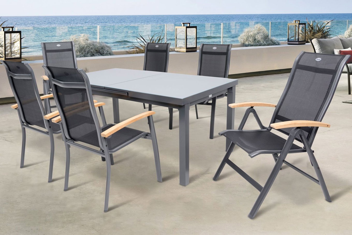 HARTMAN Alice Conjunto de comedor de jardín, xerix, Alu/4x4 Textilen, Mesa 180/240x100cm, 4 sillones apilables, 2 sillas plegables 19329__1