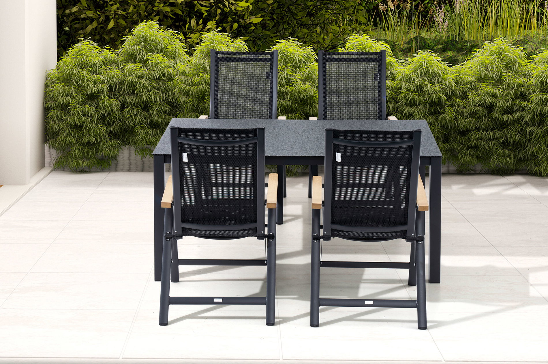 Conjunto de comedor de jardín OUTFLEXX, antracita mate/gris/negro, Alu/Spraystone/Textilene, 160 x 95 cm, 4 sillas plegables 28190__1