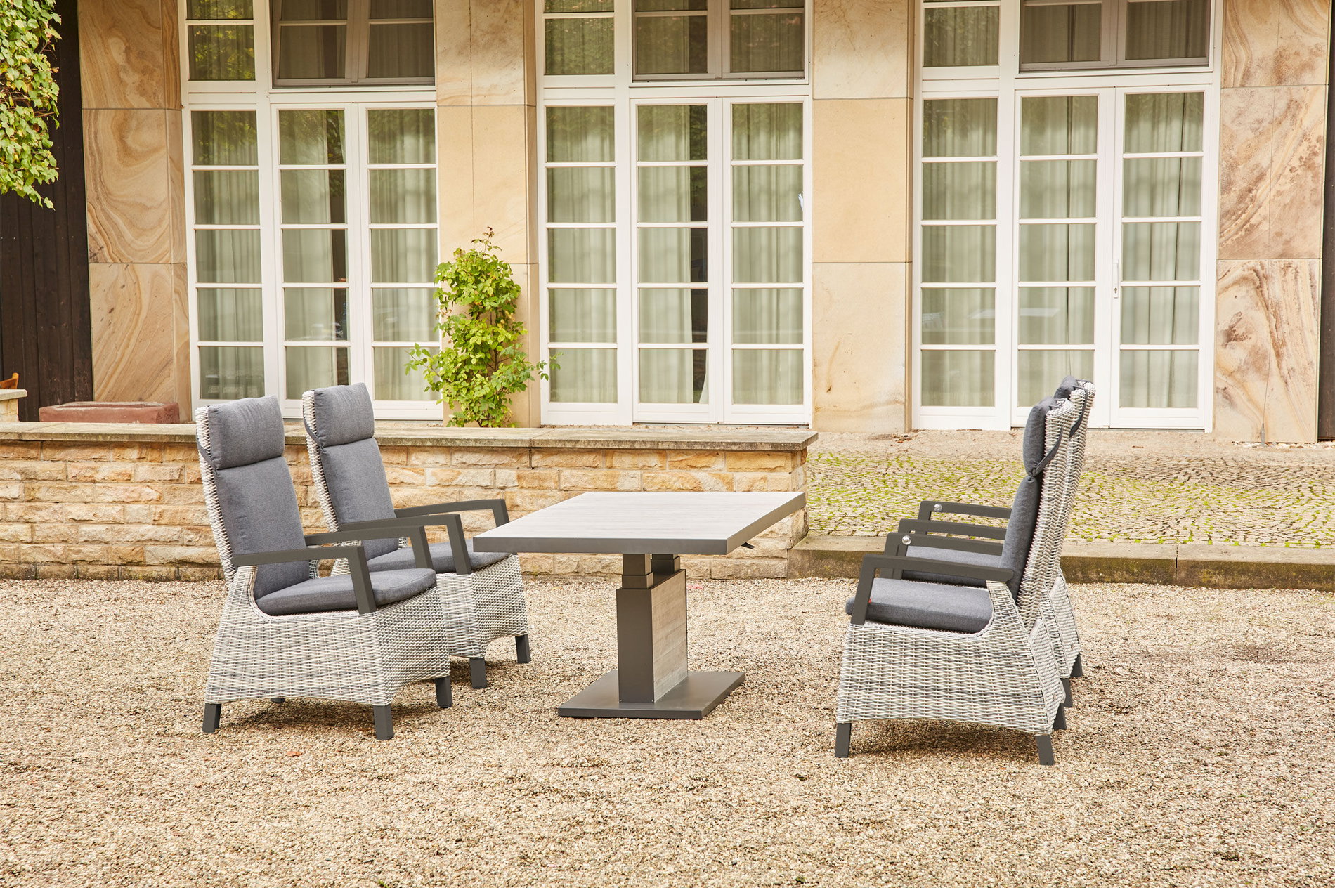 SIENA GARDEN Corido/Bellani Conjunto de comedor para jardín, antracita/gris, Alu/Trenzado/Cerámica, 140 x 85 x 50-72cm, incluye 4 sillones Dining 23759__1