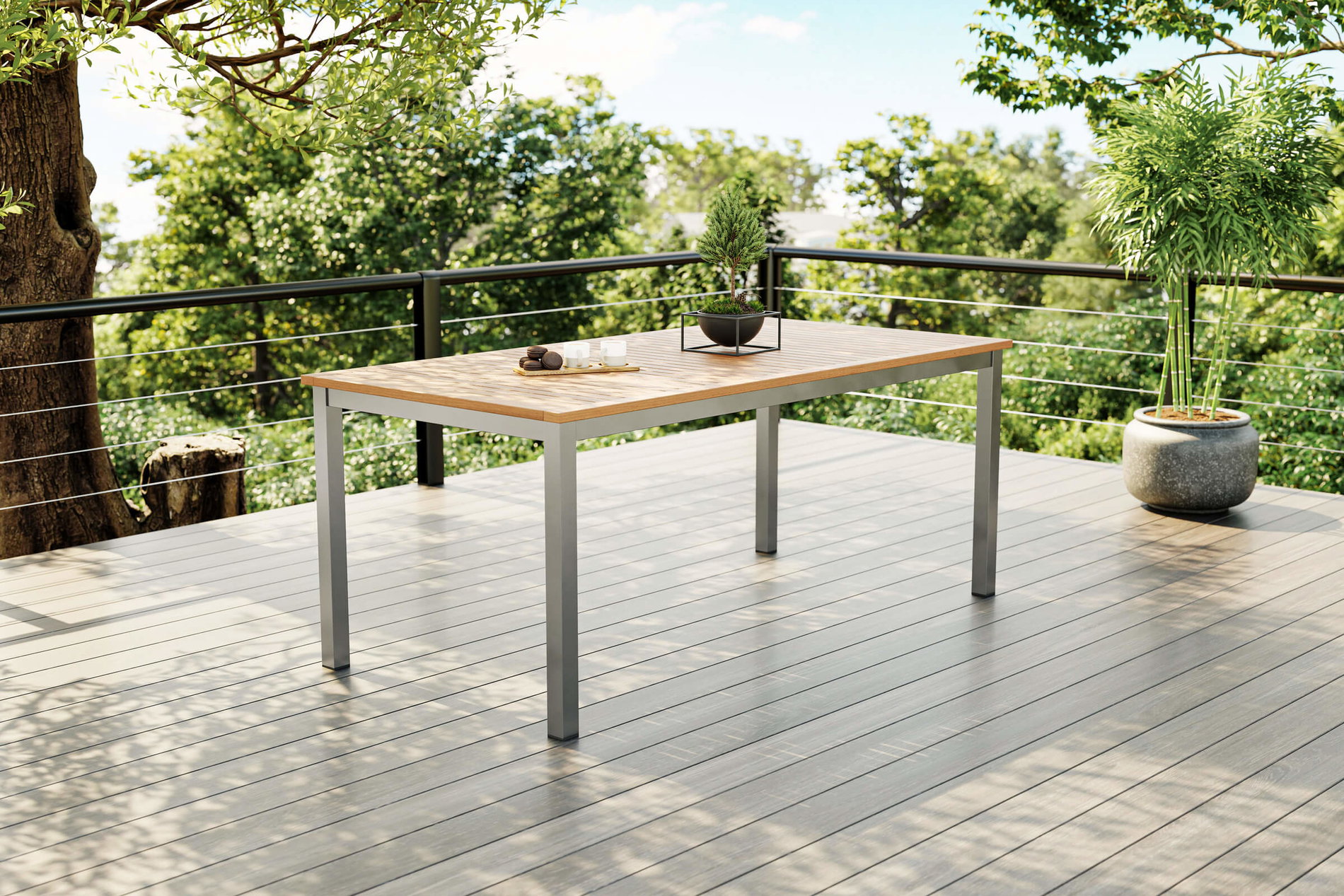 VILLANA Tasmania Mesa de comedor, Plata/Natural, Aluminio/Eucalipto, 180 x 90 cm, alta capacidad de carga, resistente a la corrosión, resistente a la intemperie, robusta, producto certificado FSC®