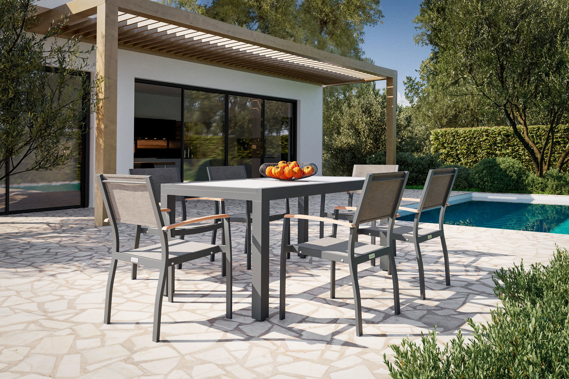 Conjunto de comedor de jardín VILLANA con 6 sillones, antracita/gris, aluminio/cristal, mesa aprox. 160/220 x 90 cm, extensible, resistente a la intemperie, producto certificado FSC® Conjunto de comedor de jardín VILLANA con 6 sillones, antracita/gris, aluminio/cristal, mesa aprox. 160/220 x 90 cm, extensible, resistente a la intemperie, producto certificado FSC®