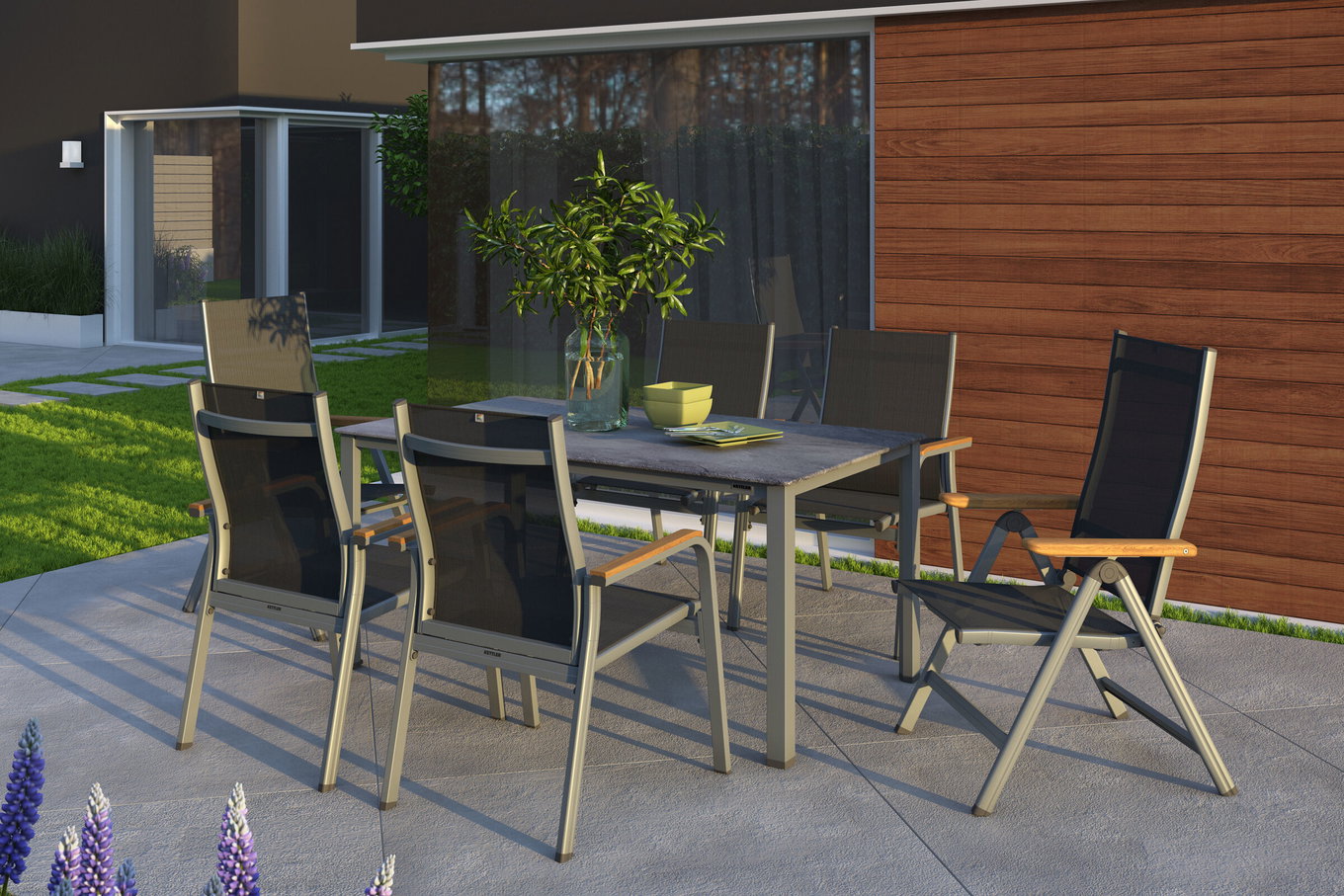 KETTLER Granada Conjunto de comedor de jardín, plata/antracita, aluminio, mesa 160x90, 4 sillas apilables, 2 sillas plegables 31406__1