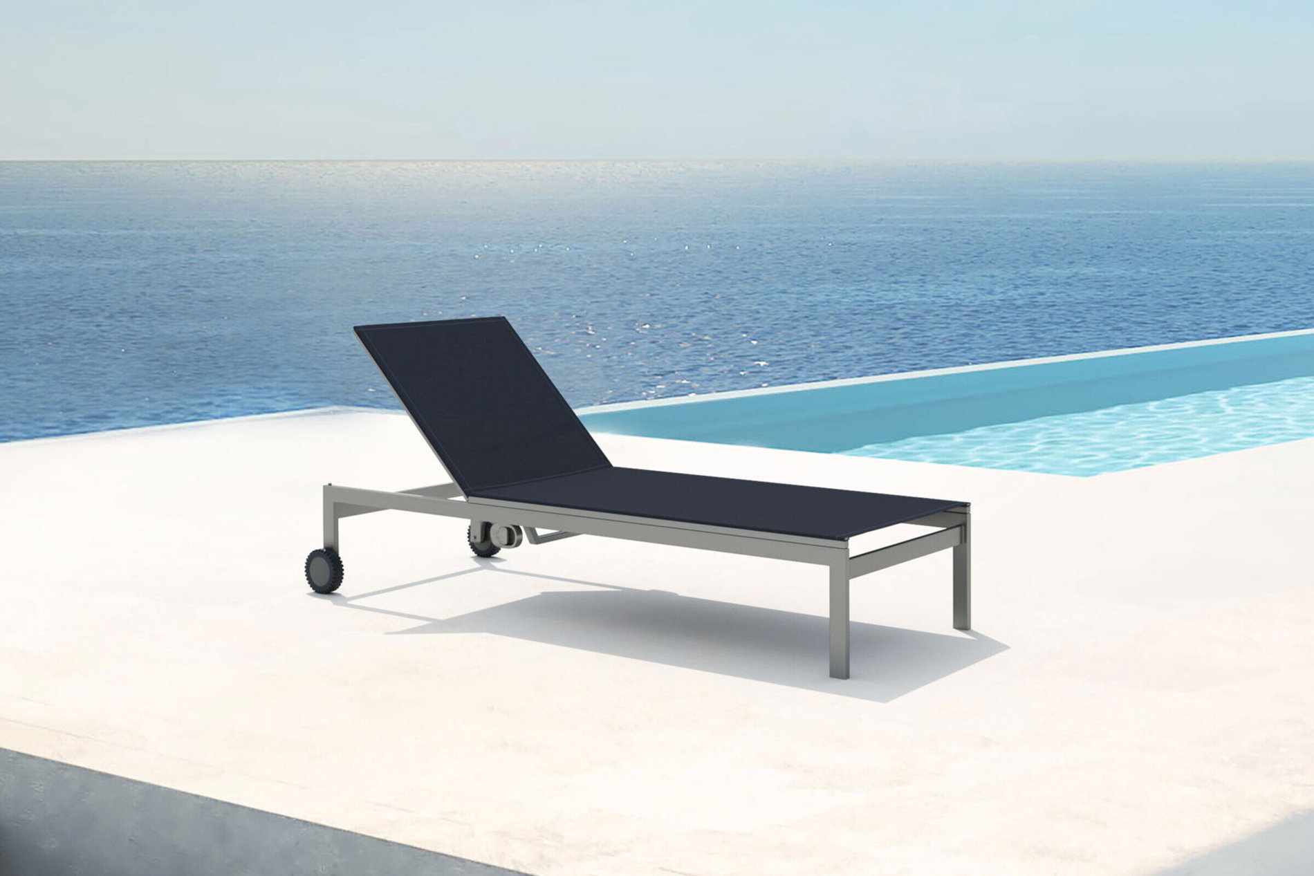 OUTFLEXX Tumbona con ruedas, negro, Acero inoxidable/Textileno, respaldo ajustable, 212x71x36cm