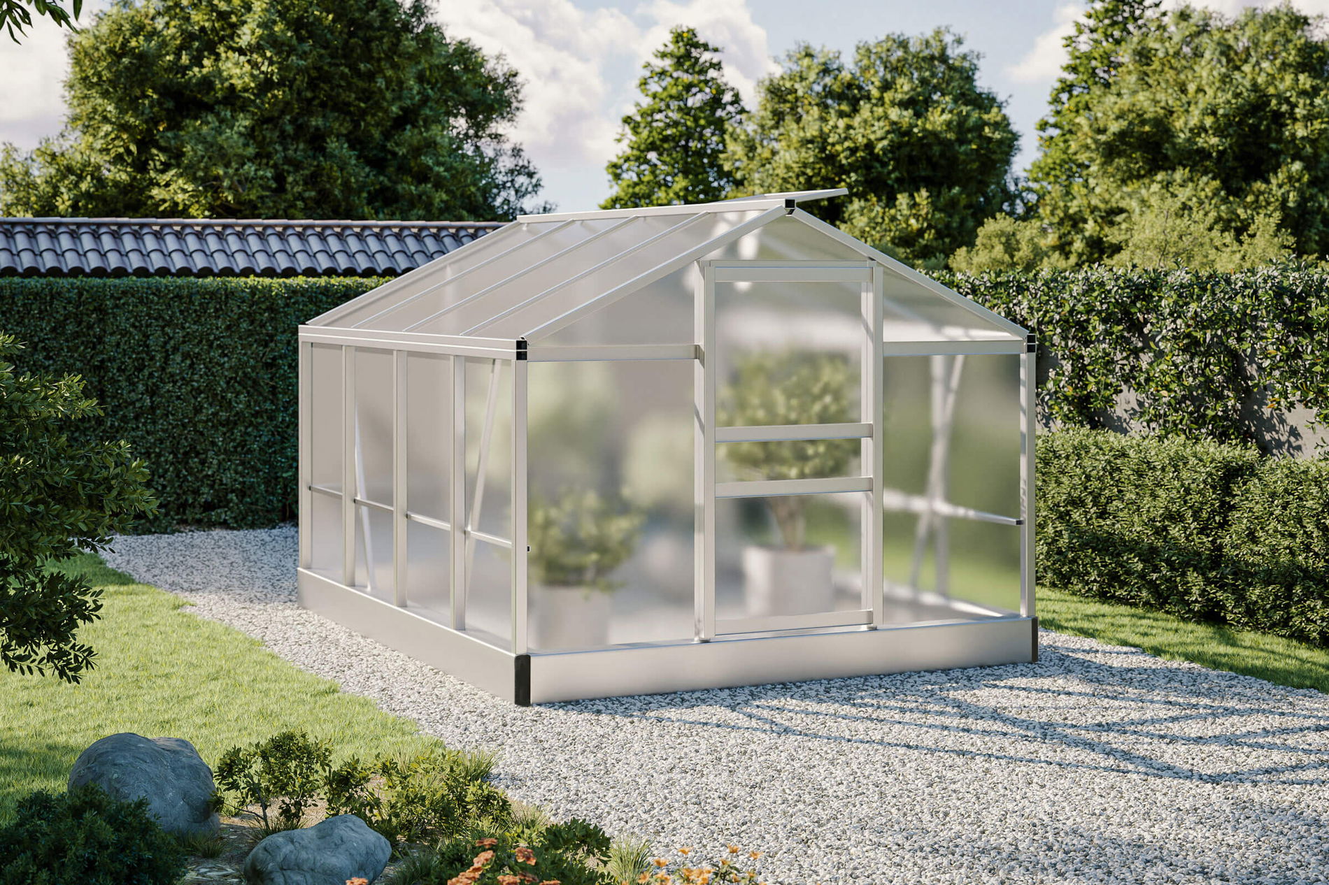 Invernadero OUTFLEXX Flora, Plata, Aluminio, 310 x 250 x 205 cm, robusto, resistente a la corrosión, resistente a la intemperie, tejado a dos aguas