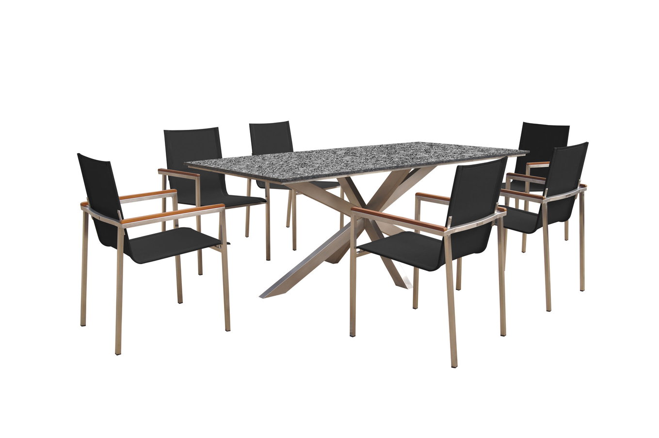 OUTFLEXX Garten-Essgruppe, silber/schwarz, Edelstahl/Granit/Textil, 200x100 cm, 6 Gartensessel, Armlehnen aus Teak 22785__1