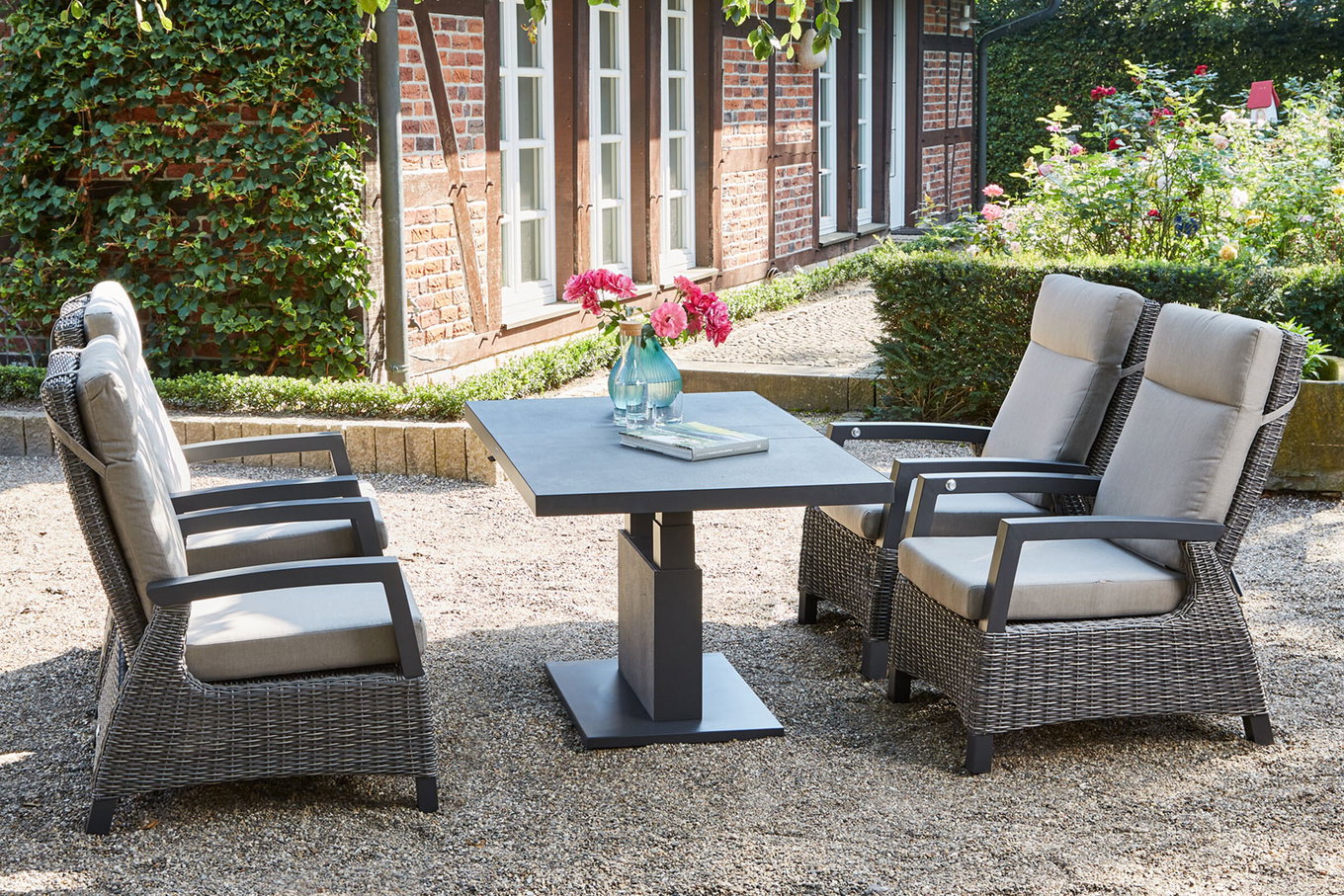 SIENA GARDEN Corido/Bellani Grau salón de jardín, charcoal/antracita/gris, Alu/trenzado Gardino®, mesa elevable 140x85 cm, 4 sillones lounge 22111__1