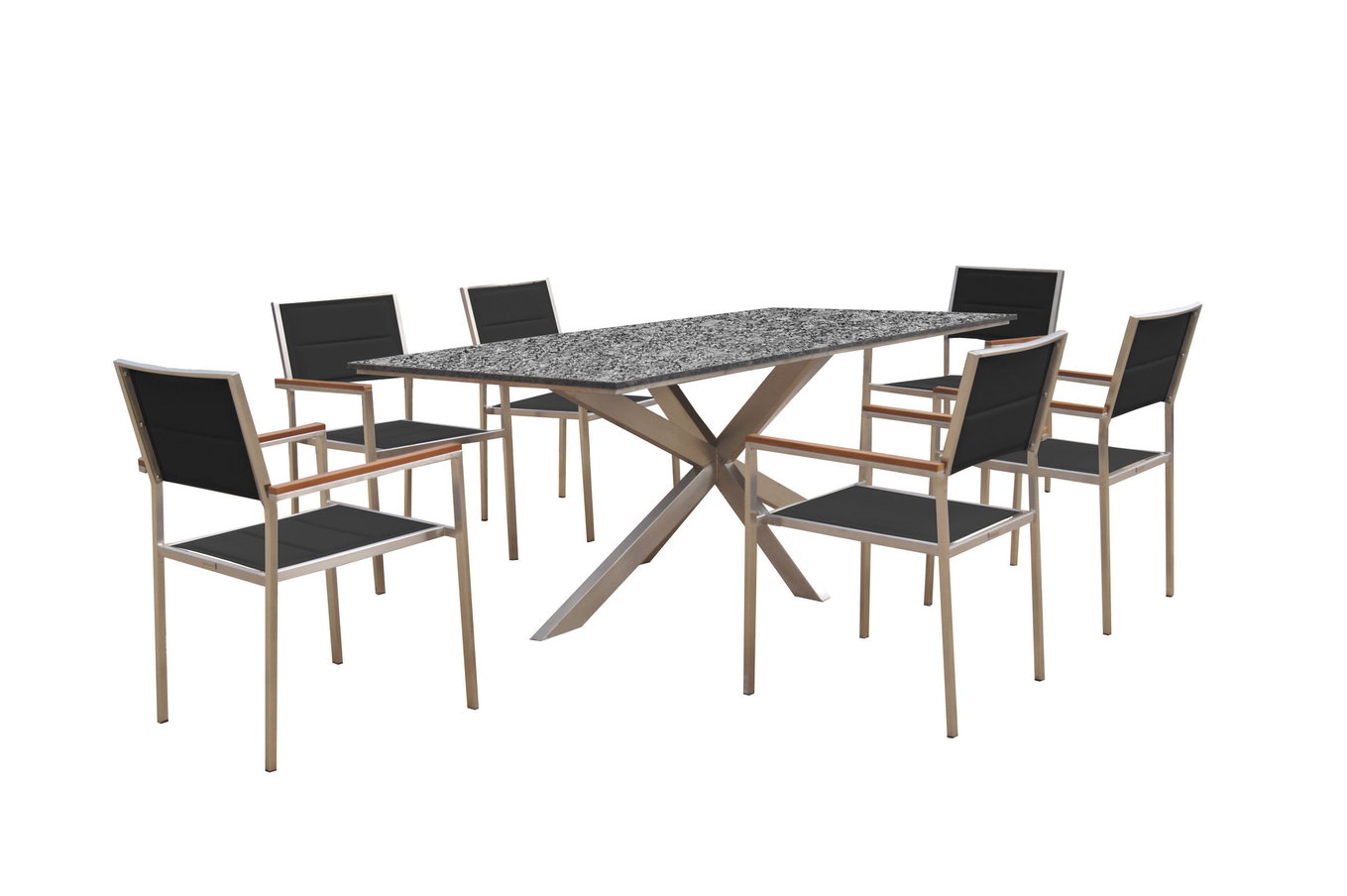 OUTFLEXX Grupo de comedor de jardín, plata/negro, acero inoxidable/granito/textil, 200x100 cm, 6 sillas, padded, reposabrazos de teca 22787__1