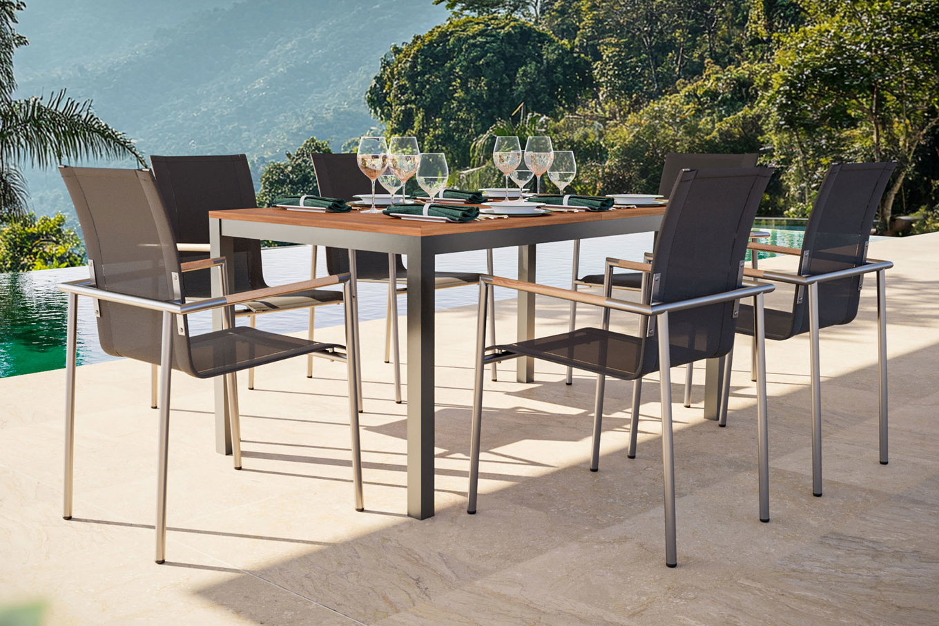 Conjunto de comedor de jardín OUTFLEXX, natural/antracita, Acero inoxidable/Textilene/Teca, Mesa extensible 150/200x90cm, 6 sillas de comedor 24083__1