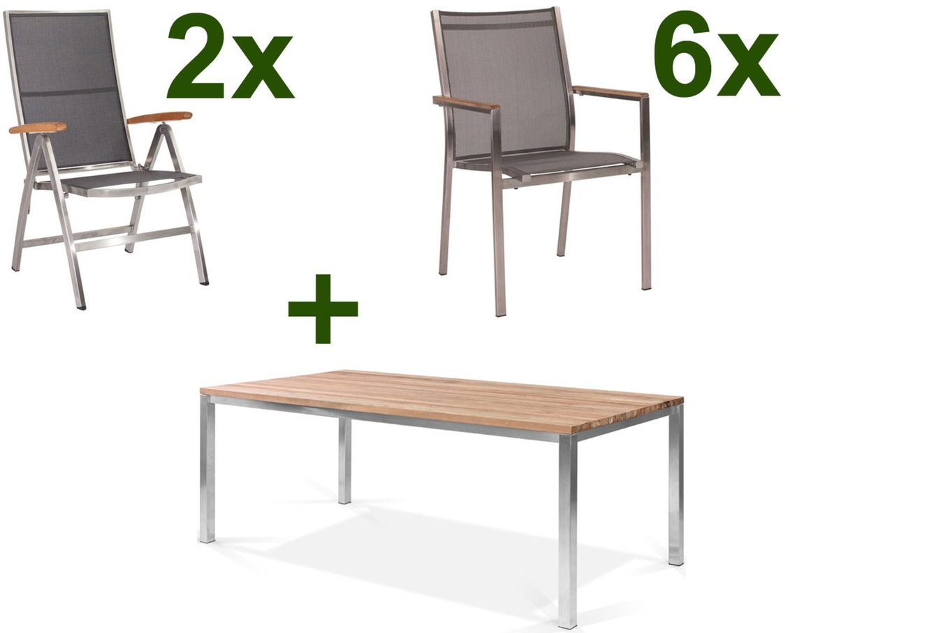 STERN Cardiff Conjunto de comedor de jardín, plateado/gris plateado, Acero inoxidable/Teca, Mesa 200 x 100 cm, 6 sillas apilables, 2 sillas plegables 19777__1