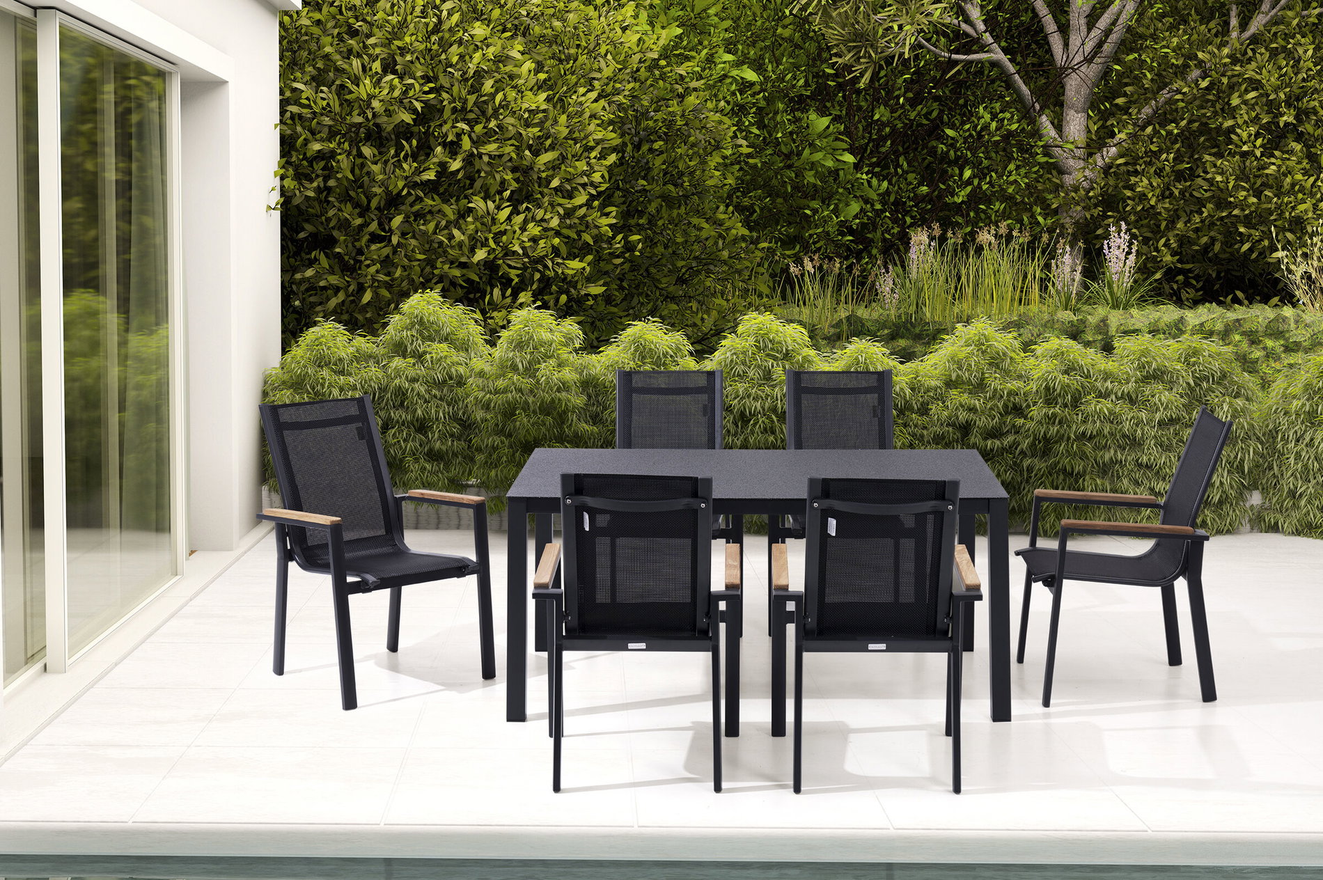 OUTFLEXX Conjunto de comedor de jardín, antracita mate, Alu/Spraystone/Textilene, 160x95 cm, 6 sillas, reposabrazos de teca 28183__1