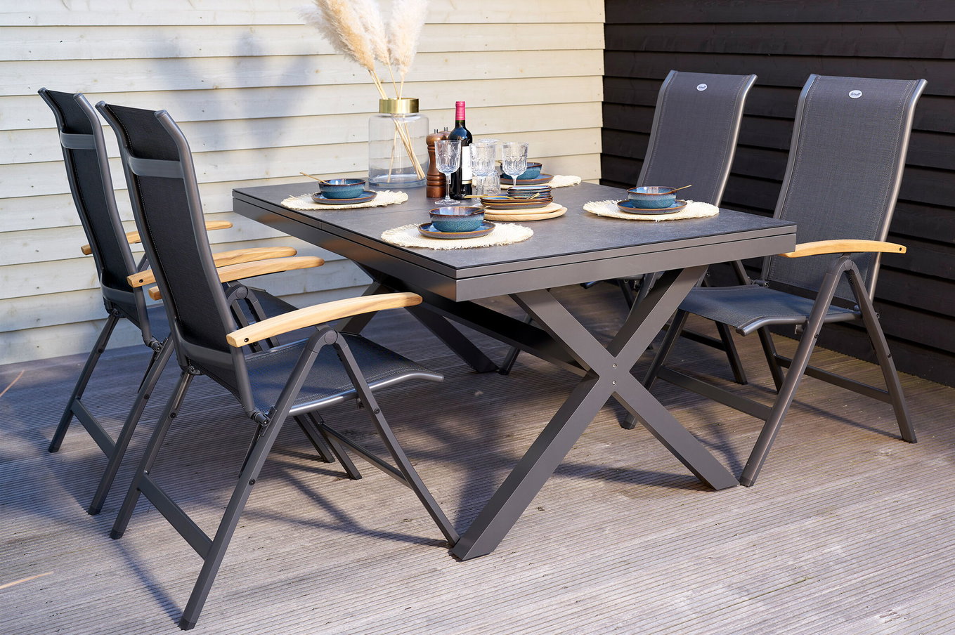 HARTMAN Xanadu/Alice Conjunto de comedor de jardín, xerix, Alu/Vitrocerámica/Teca/2x2 Textiles, 160/220x100 cm, 4 sillas plegables, estructura en X 24217__1