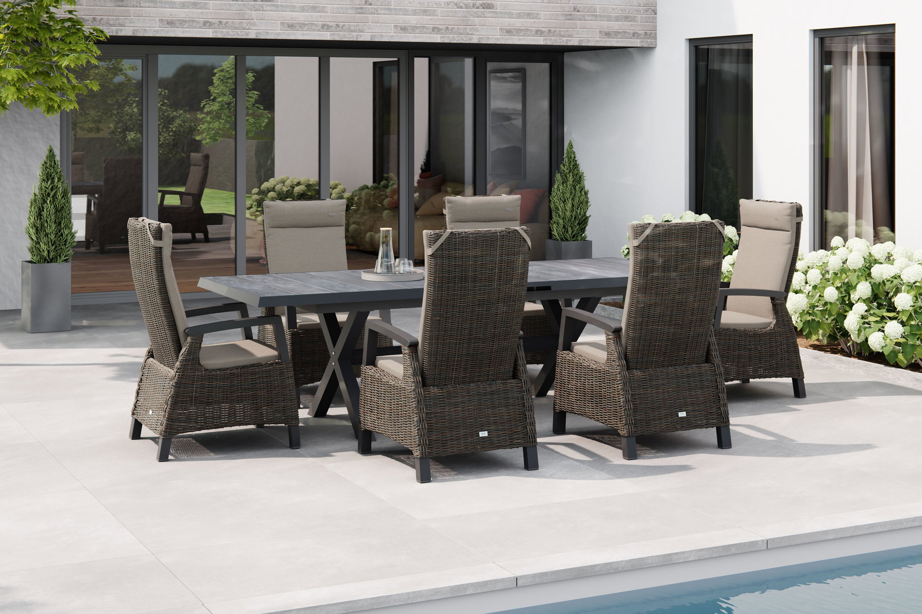 SIENA GARDEN Messina/Corido Conjunto de comedor de jardín, antracita/gris, Alu/trenzado Gardino®/cerámica, 200-260 x 100 cm, incl. 6 sillones dining