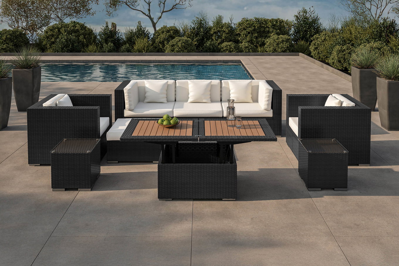 OUTFLEXX salón de jardín, crema/blanco, negro, polirratán, para 6 personas, incl. mesa lounge, arcón para cojines impermeable 1302_BOX_D__1