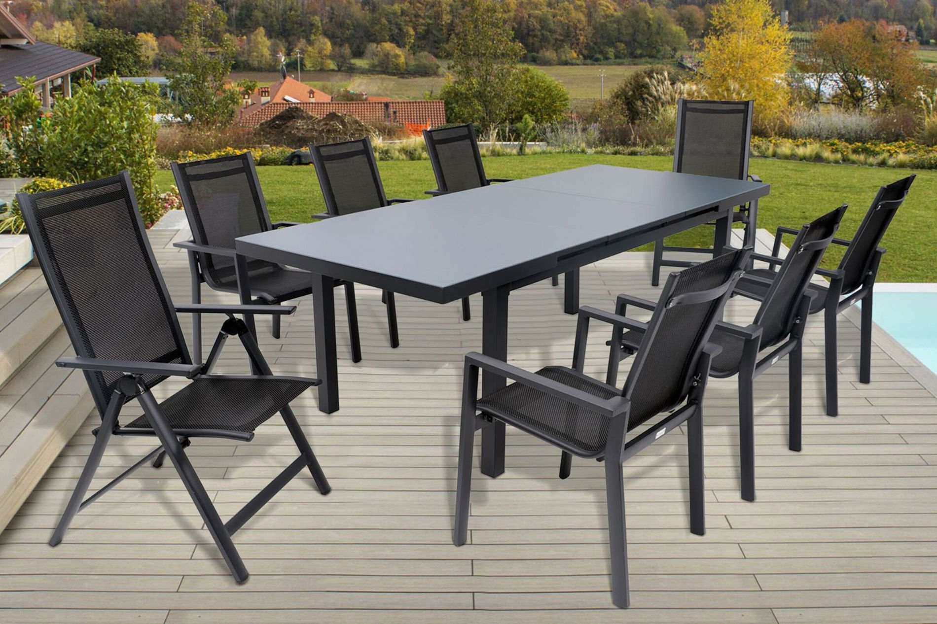 OUTFLEXX Conjunto de comedor de jardín Premium, OUTFLEXX® antracita mate, Alu/Textilene, Mesa 180/240x100cm, 6 sillones apilables, 2 sillas plegables