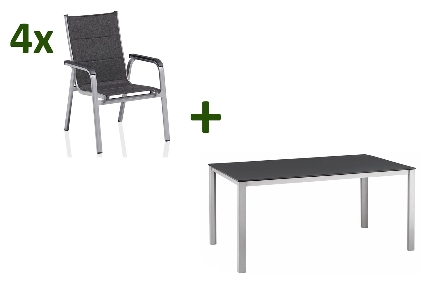 KETTLER KETTALUX-PLUS/Basic Plus Padded Conjunto de jardín, plata/antracita/gris, Alu/Textilene, 160x95 cm, 4 sillas apilables, asiento y respaldo acolchados 22951__1