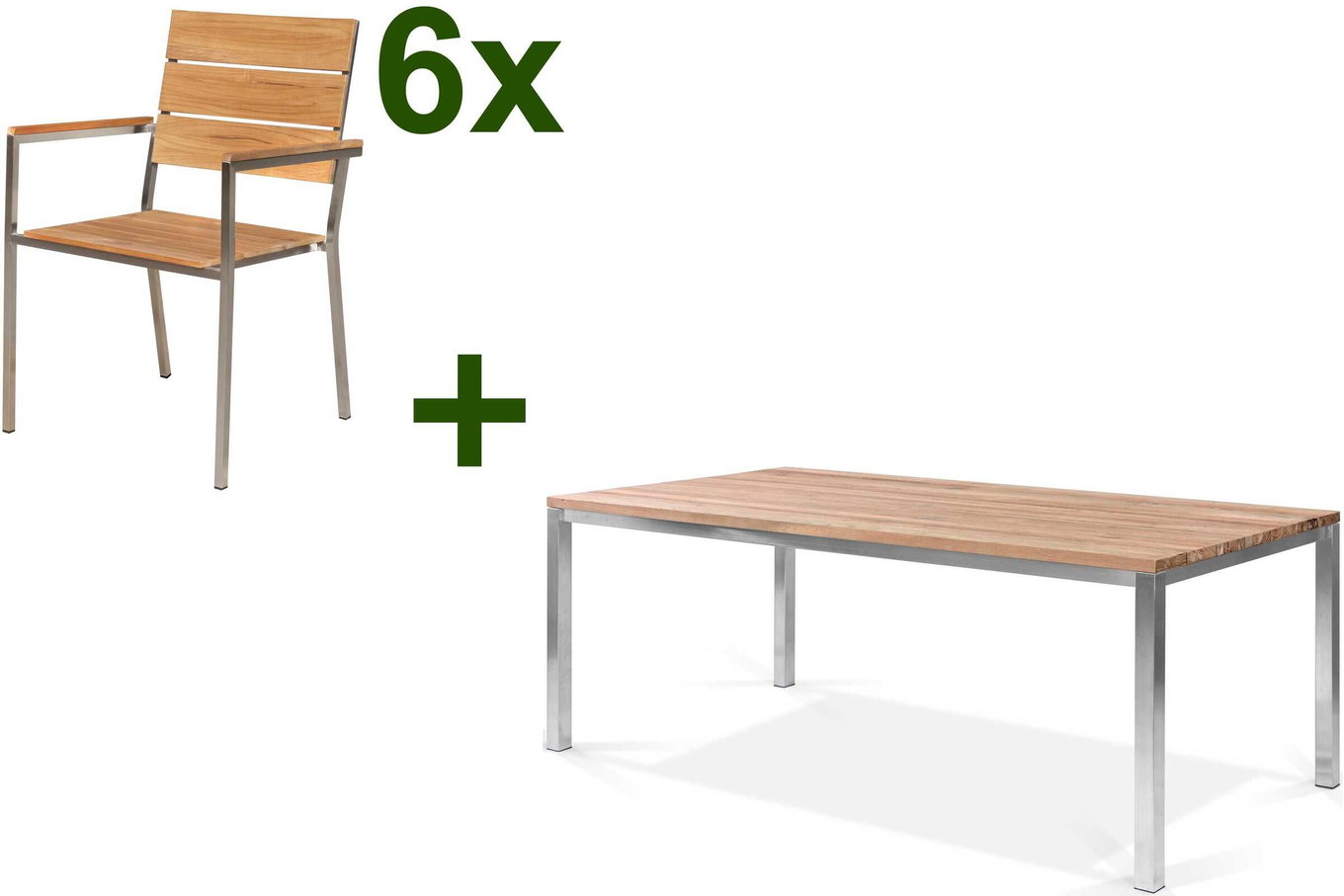 OUTFLEXX Conjunto de comedor de jardín, acero inoxidable/teca, mesa 200 x 100 cm, 6 sillones apilables, producto certificado FSC® 17296__1