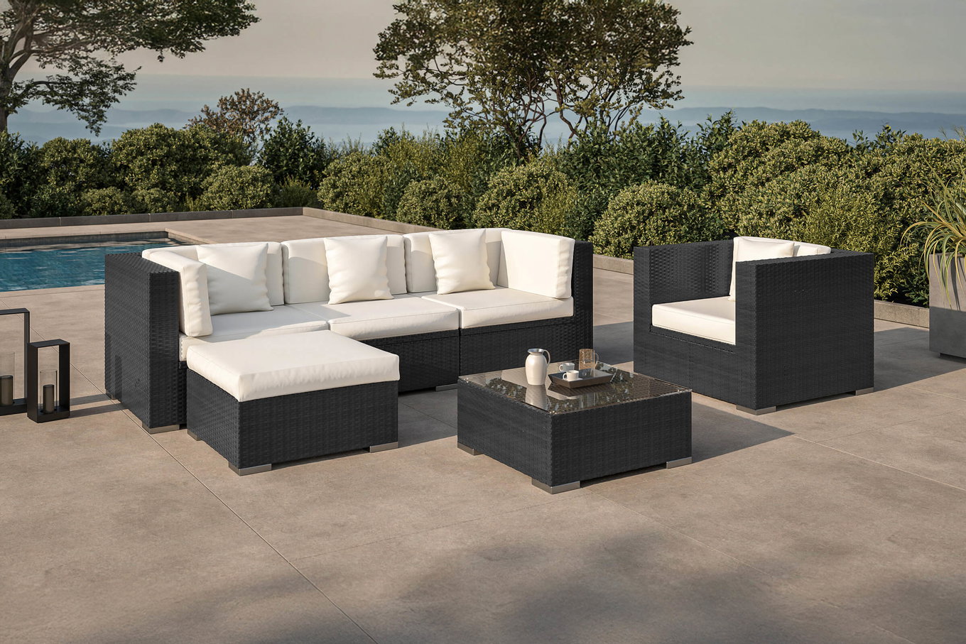 OUTFLEXX salón de jardín, crema/blanco, negro, polirratán, para 5 personas, incl. mesa de café, función de arcón para cojines 1077_BOX_B__1