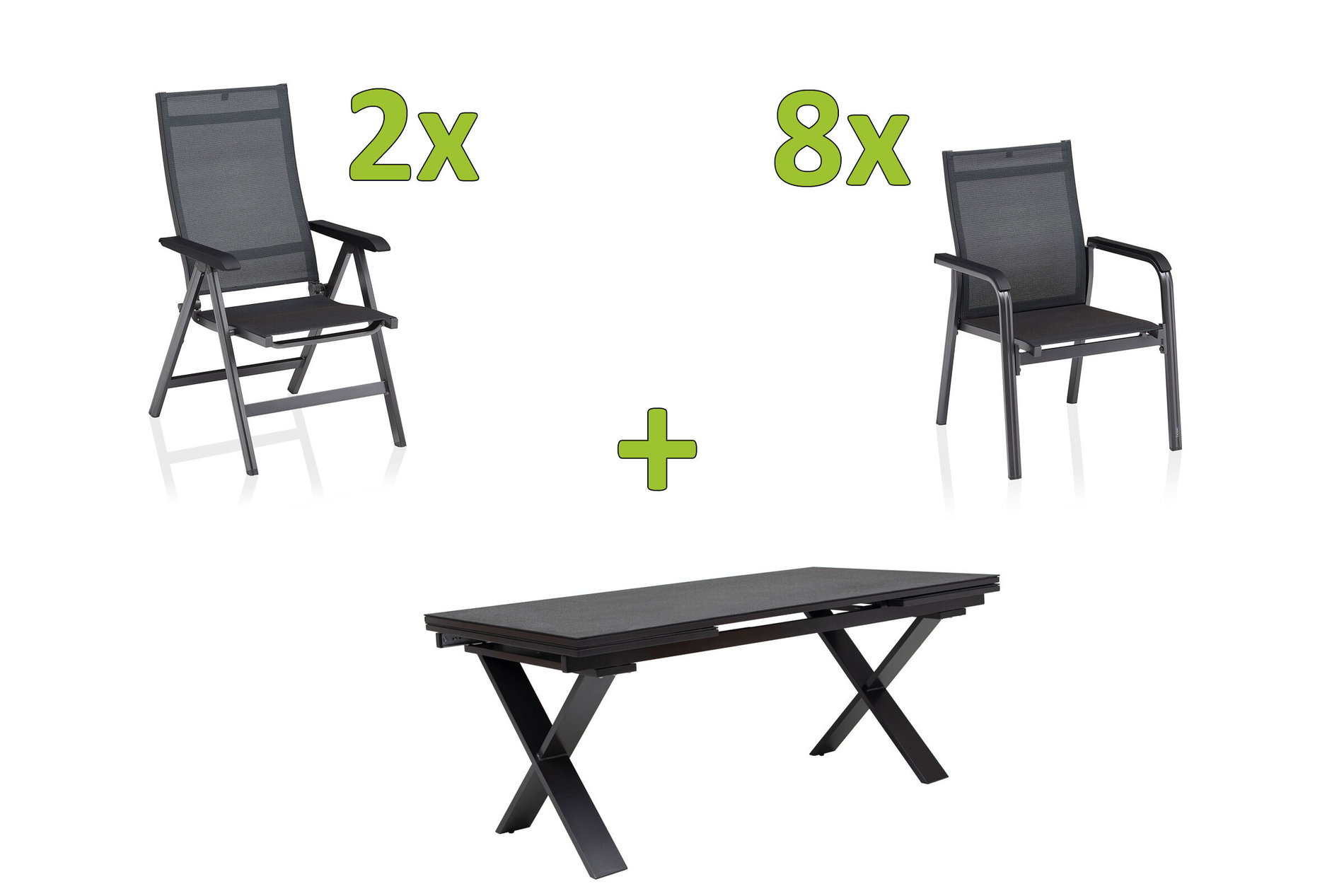 KETTLER BasicPlus Premium Conjunto de comedor, antracita, Alu/Spraystone, Mesa 180/280 cm, 8 sillas apilables, 2 sillas plegables 31550__1