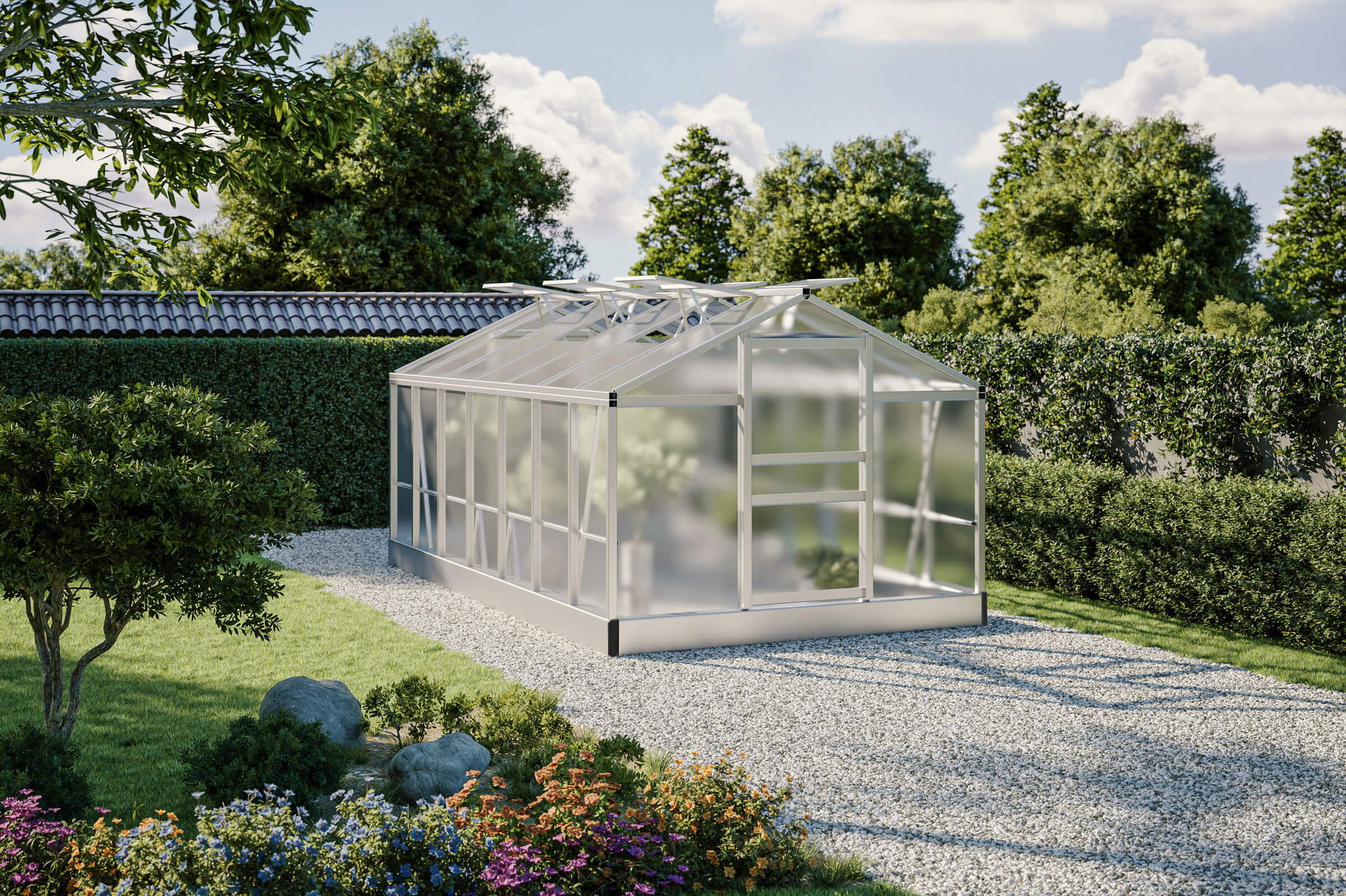 Invernadero OUTFLEXX Flora, Plateado, Aluminio, 430 x 250 x 205 cm, robusto, resistente a la corrosión, resistente a la intemperie, Tejado a dos aguas