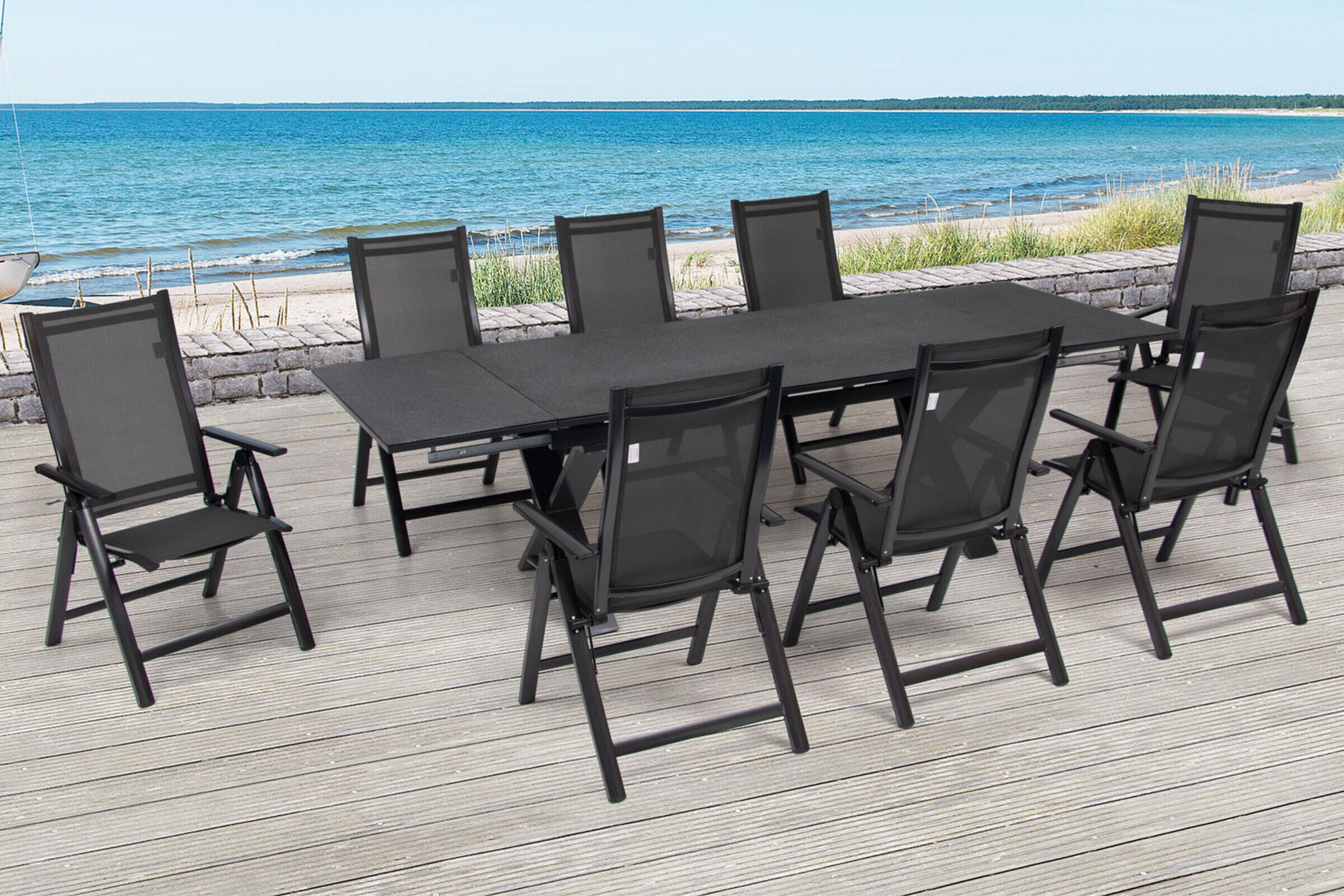 OUTFLEXX Conjunto comedor jardín, antracita, Alu / Cerámica / Textil, 180/280x100cm, 8 sillas plegables 22230__1