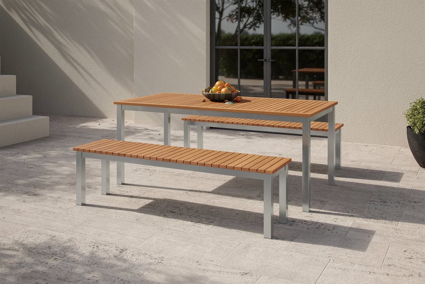 VILLANA Mesa de comedor, Conjunto de comedor de jardín, Plata, Aluminio/Eucalipto, 180 x 90 cm, resistente a la intemperie, alta capacidad de carga, producto certificado FSC® 80345__1