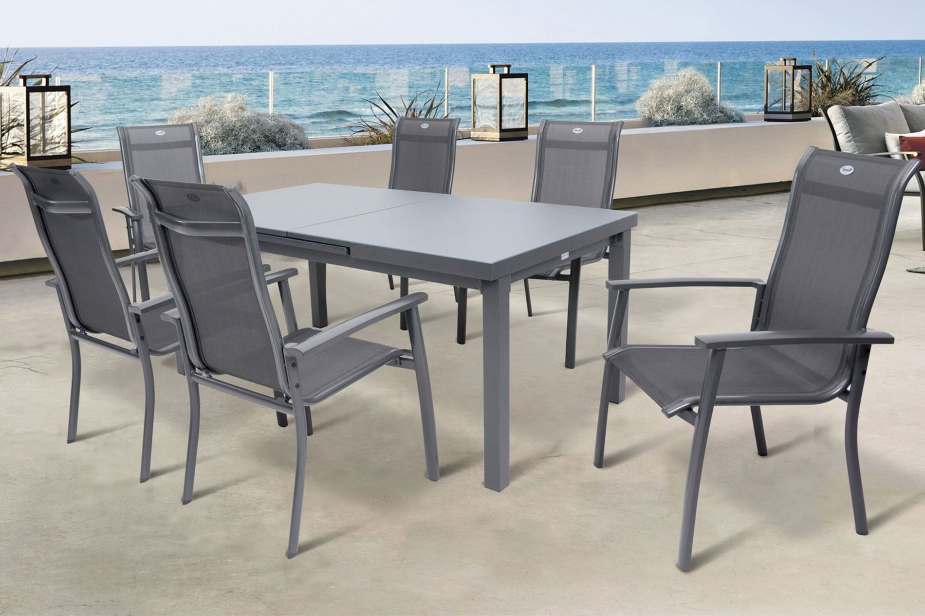 HARTMAN Alice Comfort conjunto de comedor de jardín, xerix, Alu/Textilene, mesa 180/240x100cm, 6 sillas apilables